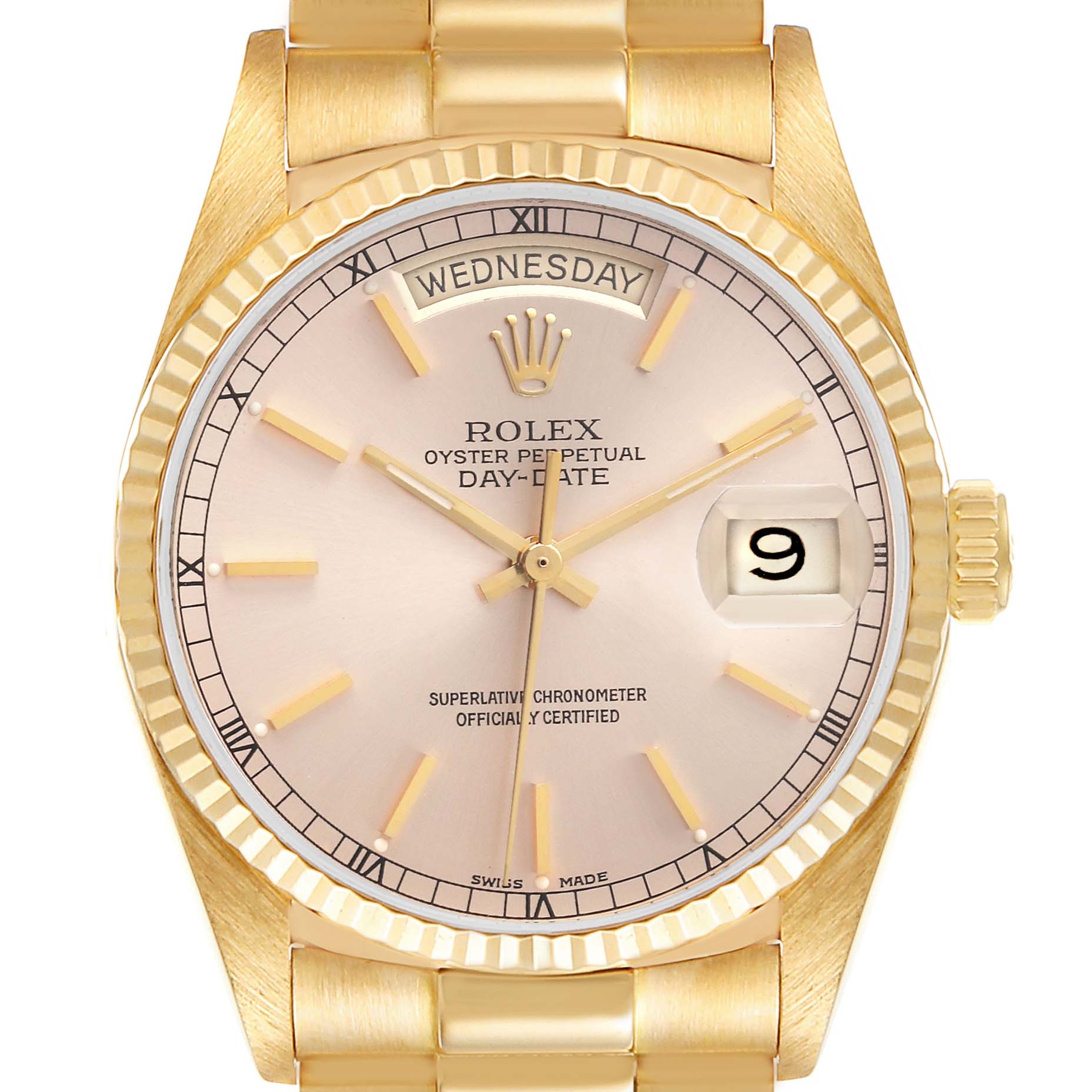 The image shows a front view of the Rolex President 18038 Men
s Yellow Gold Champagne Dial 18038 Men
s Yellow Gold Champagne Dial Oyster Perpetual Day-Date watch, highlighting its dial, bezel, and bracelet.
