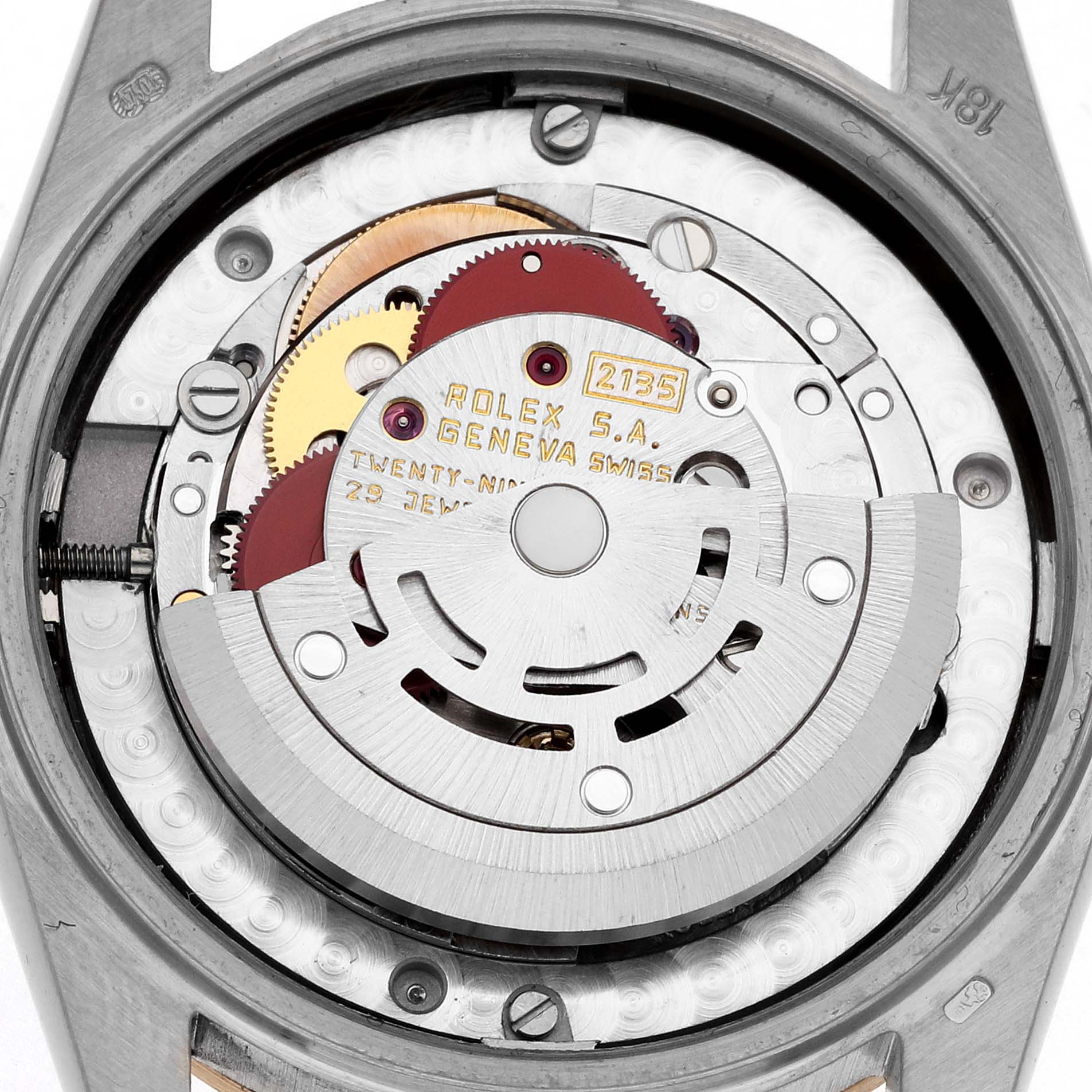 The image shows the movement of a Rolex President 68279 Women's White Gold Pink Dial 68279 Women's White Gold Pink Dial model, focusing on gears and the rotor from the back.