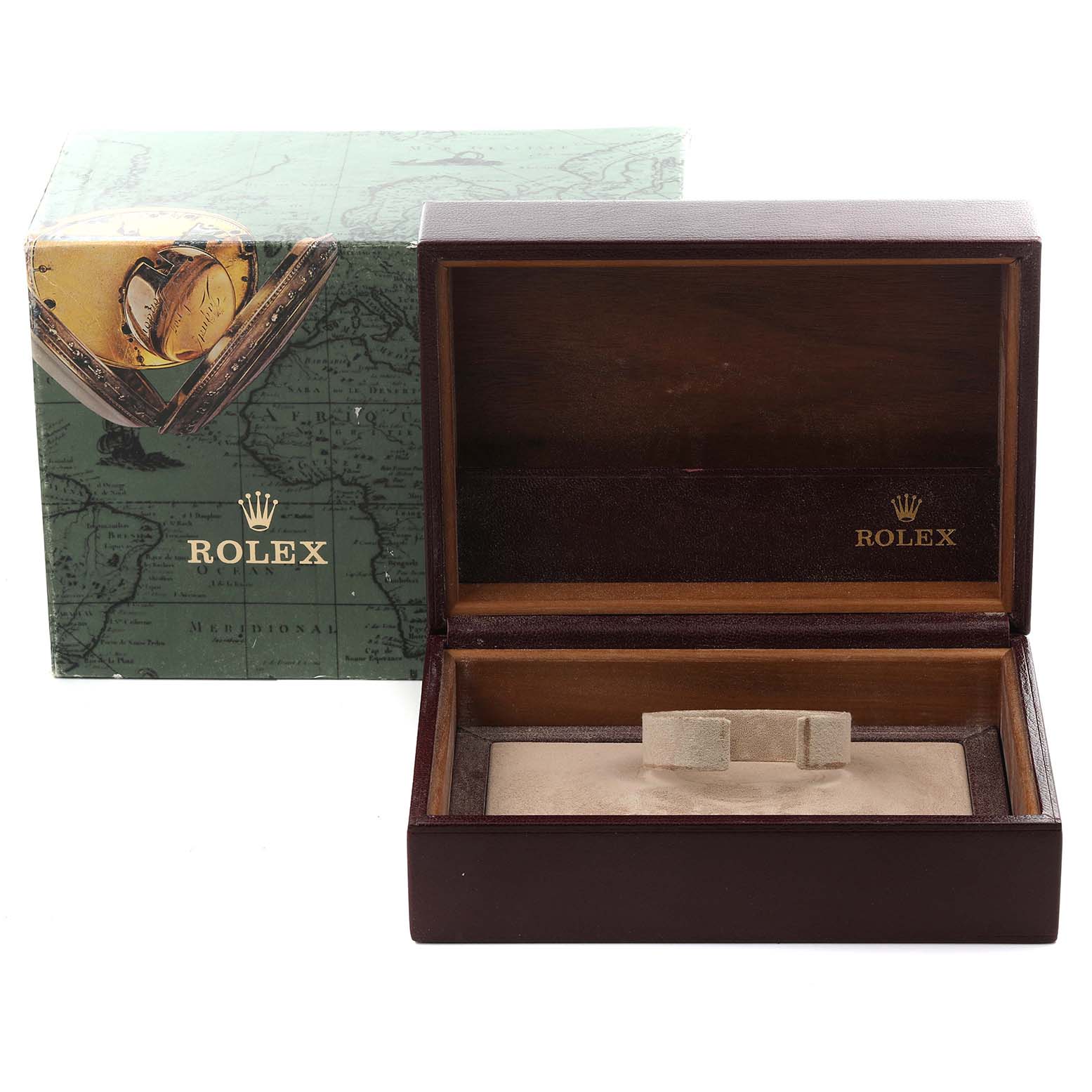 The image shows a Rolex President 68279 Women's White Gold Pink Dial 68279 Women's White Gold Pink Dial model watch box at an angle with the lid open, displaying the interior.