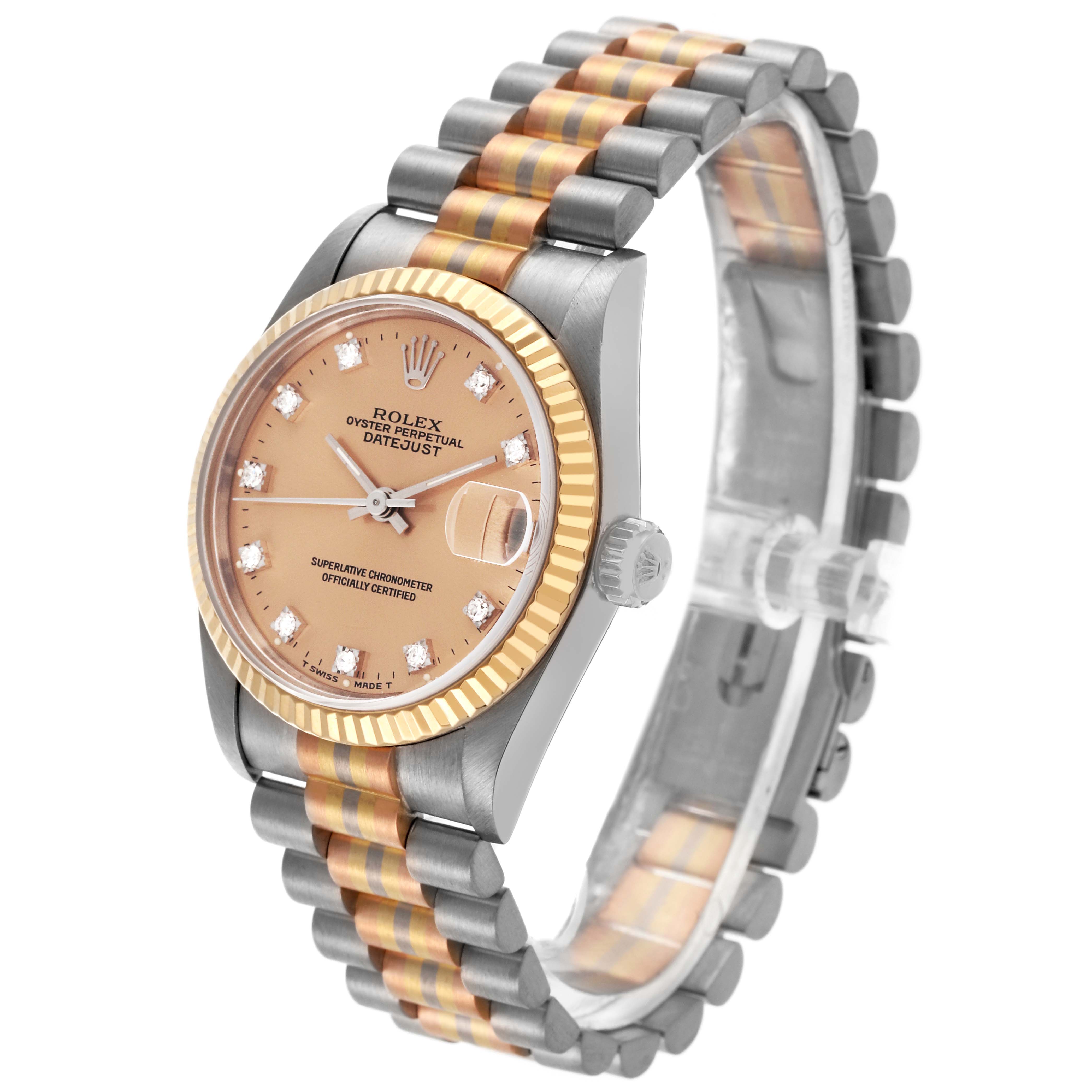 The Rolex President 68279 Women's White Gold Pink Dial 68279 Women's White Gold Pink Dial watch is shown at a tilted angle, highlighting the dial, case, bezel, and two-tone bracelet.