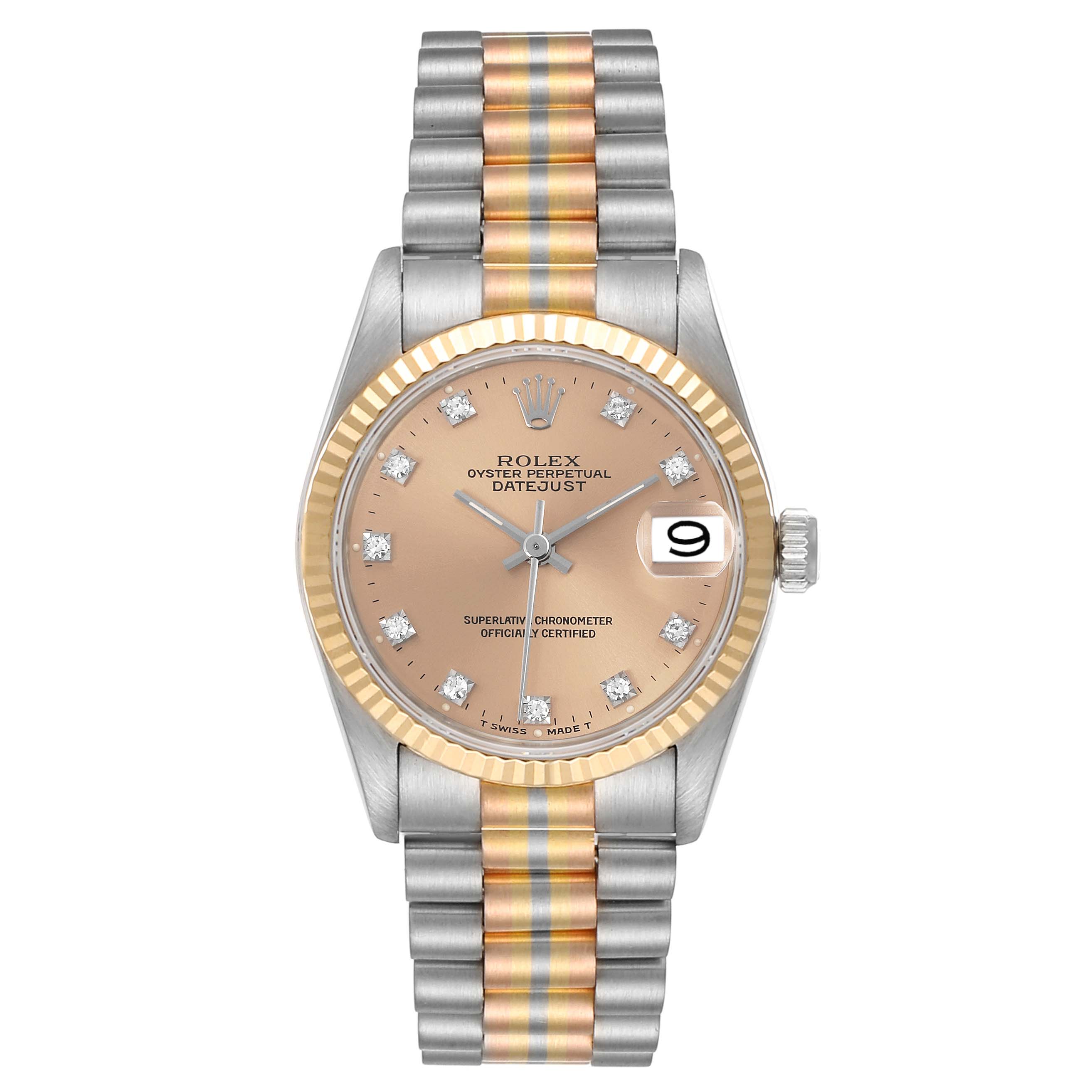 The Rolex President 68279 Women's White Gold Pink Dial 68279 Women's White Gold Pink Dial model watch is shown front-on, displaying its dial, bezel, crown, and bracelet.