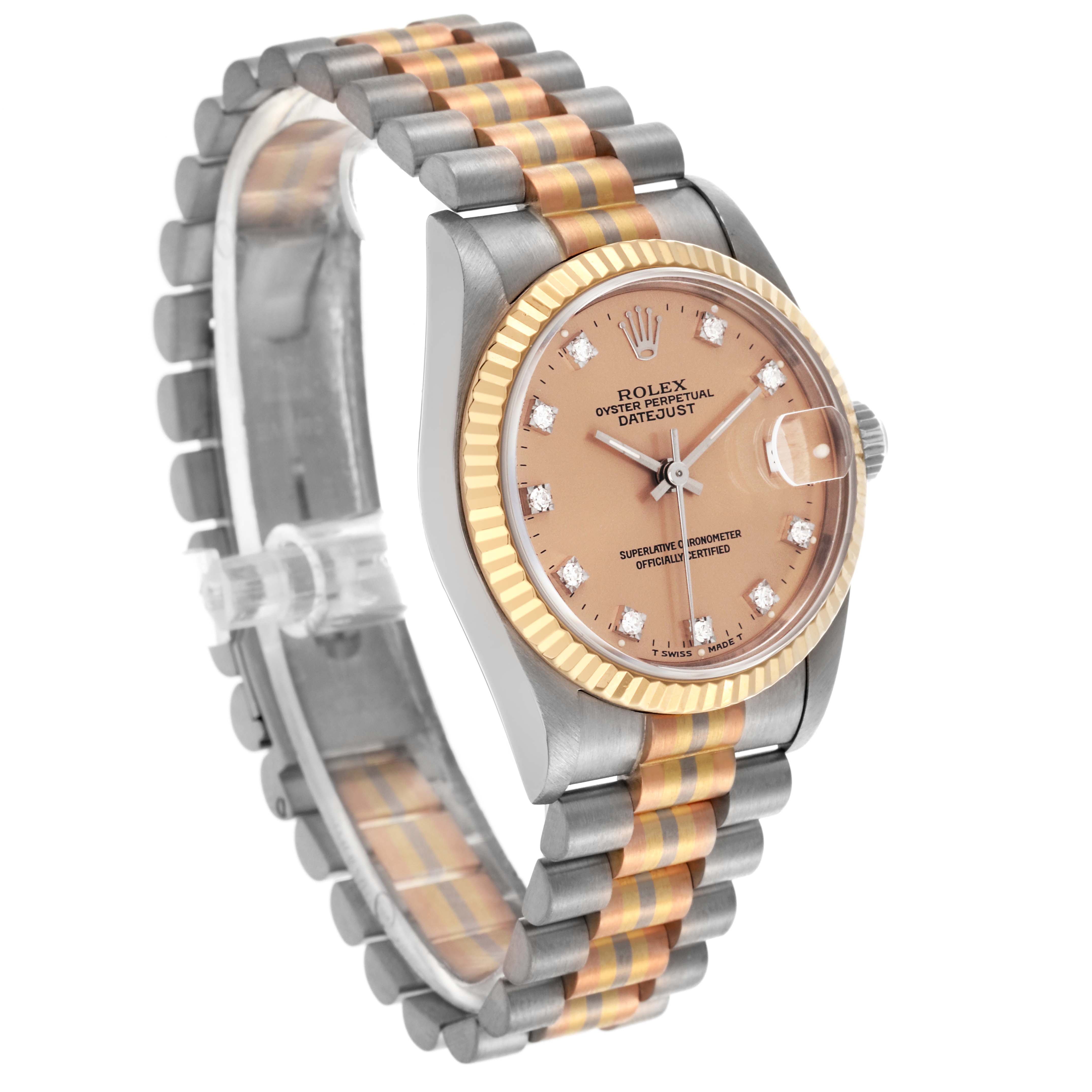 The Rolex President 68279 Women's White Gold Pink Dial 68279 Women's White Gold Pink Dial model is shown at an angle highlighting its dial, bezel, case, and bracelet.