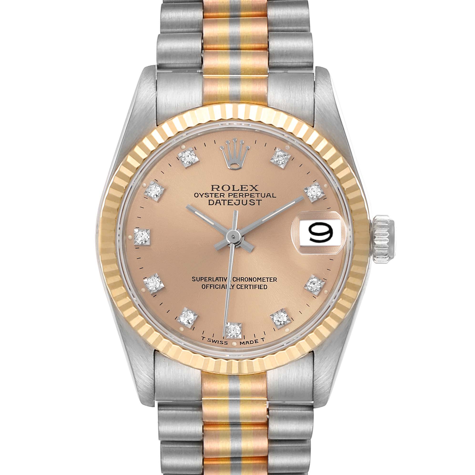 The Rolex President 68279 Women's White Gold Pink Dial 68279 Women's White Gold Pink Dial model is shown from a frontal angle, displaying the dial, fluted bezel, and two-tone bracelet.