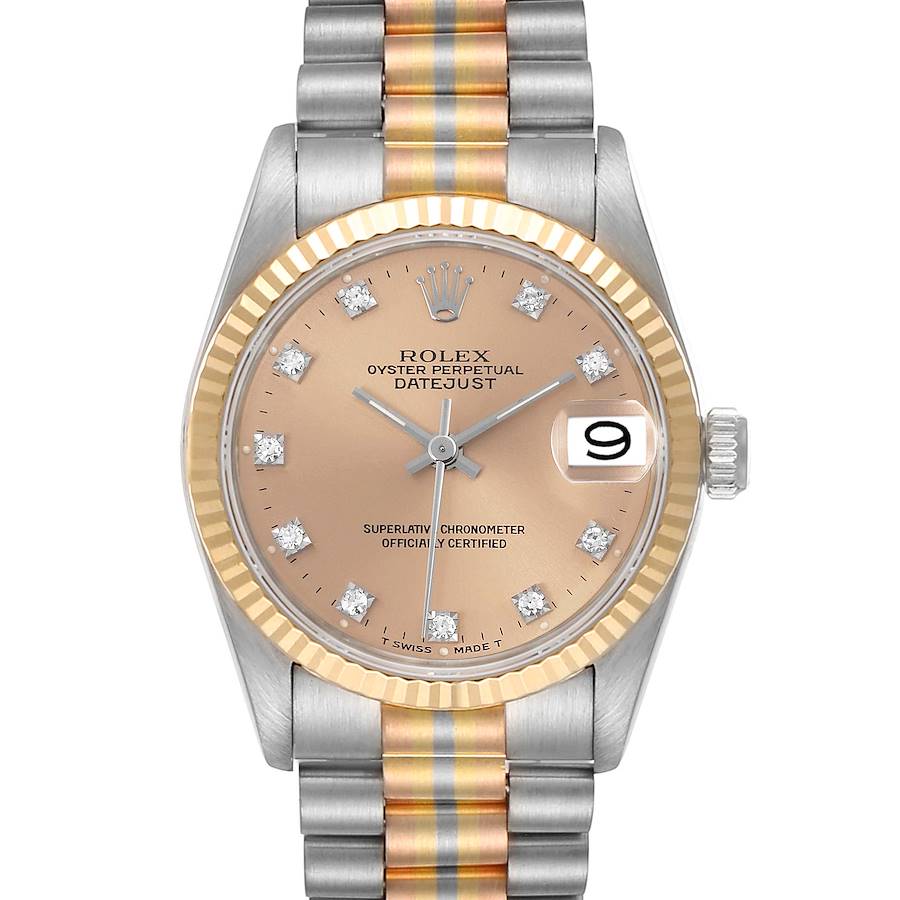 The Rolex President model is shown from a frontal angle, displaying the dial, fluted bezel, and two-tone bracelet.