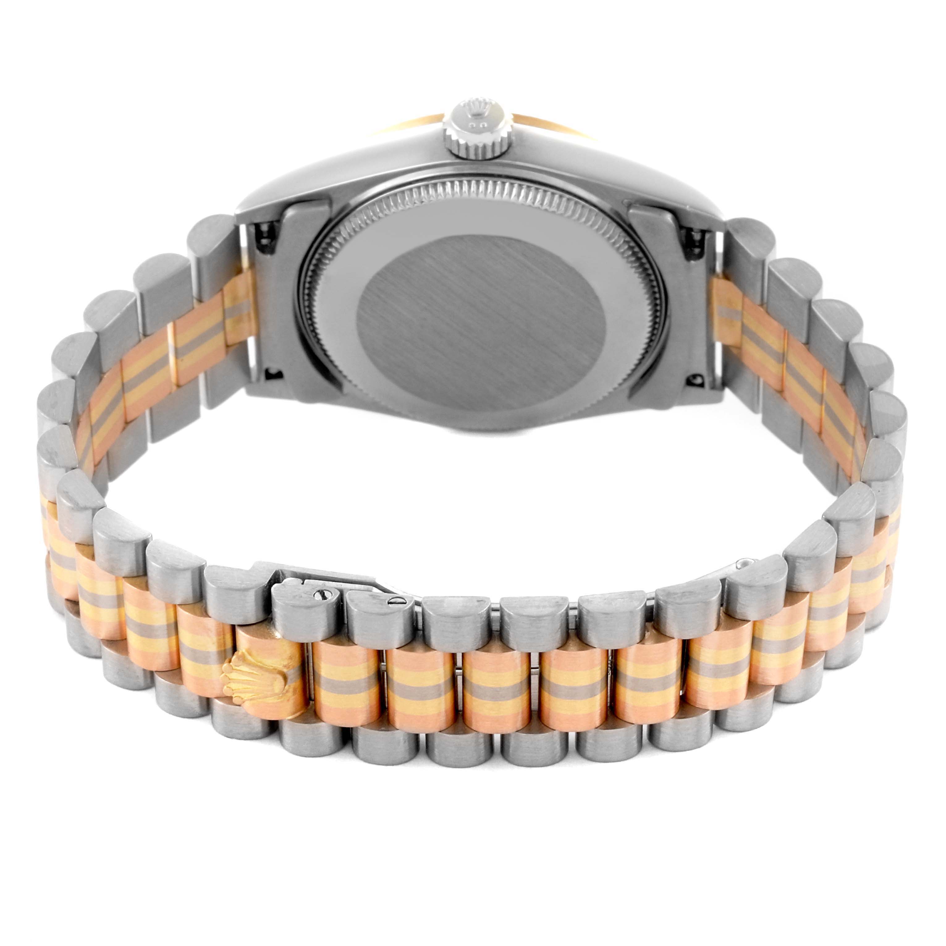 The image shows the back of a Rolex President 68279 Women's White Gold Pink Dial 68279 Women's White Gold Pink Dial watch, highlighting the case back and the distinctive bracelet.