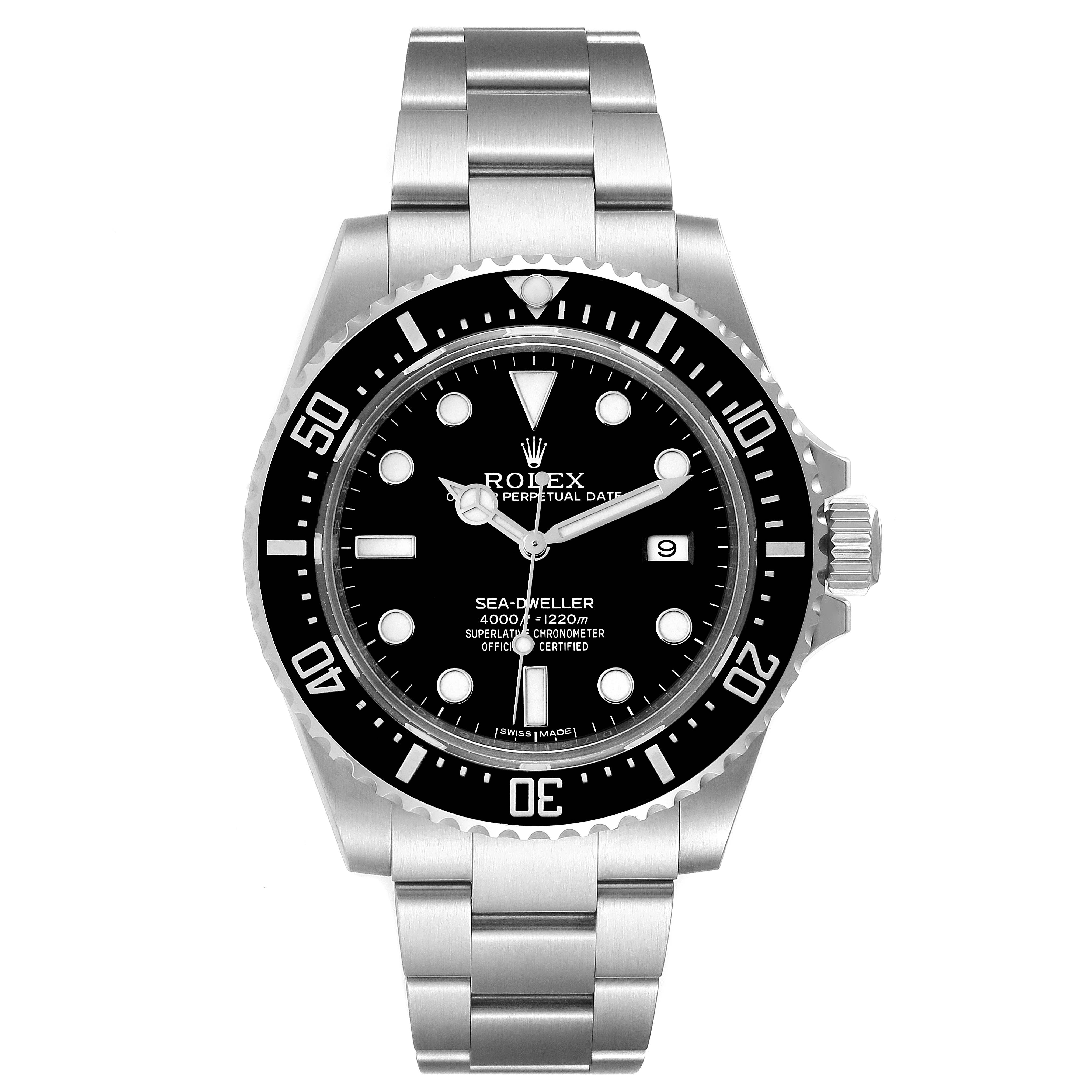 This image shows a front view of the Rolex Sea-Dweller 116600 Men
s Stainless Steel Black Dial 116600 Men
s Stainless Steel Black Dial watch, including its dial, bezel, and bracelet.