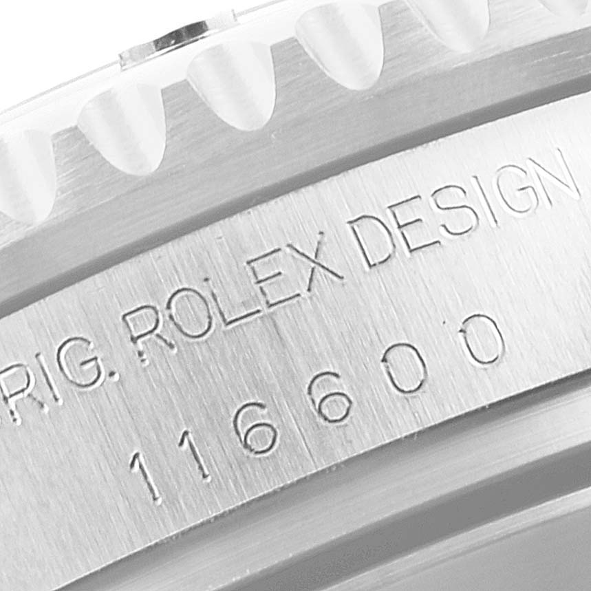 This image shows a close-up of the side engraving on a Rolex Sea-Dweller 116600 Men
s Stainless Steel Black Dial 116600 Men
s Stainless Steel Black Dial model, highlighting the text "ROLEX DESIGN" and the model number.