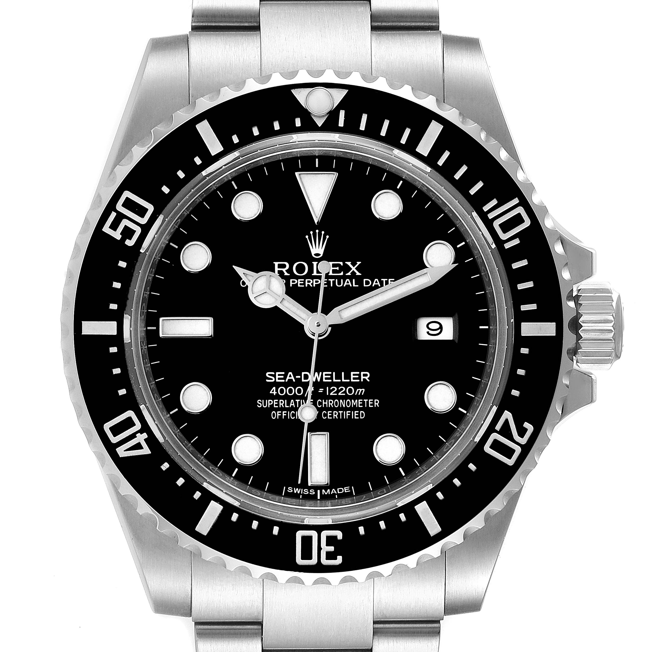 The image shows a front view of the Rolex Sea-Dweller 116600 Men
s Stainless Steel Black Dial 116600 Men
s Stainless Steel Black Dial watch, highlighting its dial, bezel, and part of the bracelet.