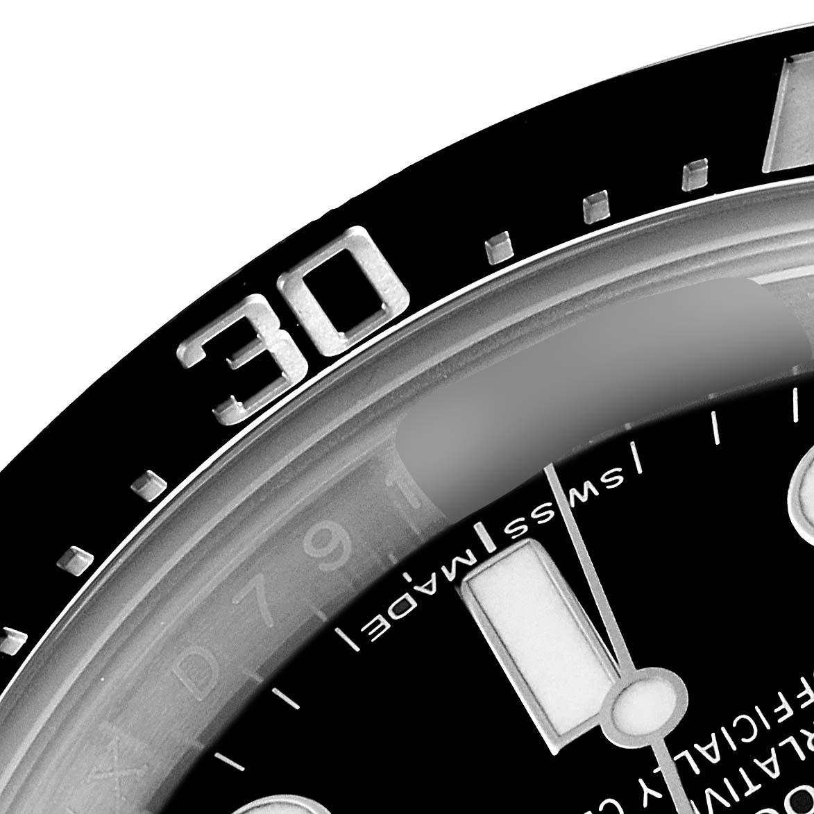 The image shows a close-up angle of the bezel and part of the dial for the Rolex Sea-Dweller 116600 Men
s Stainless Steel Black Dial 116600 Men
s Stainless Steel Black Dial watch.