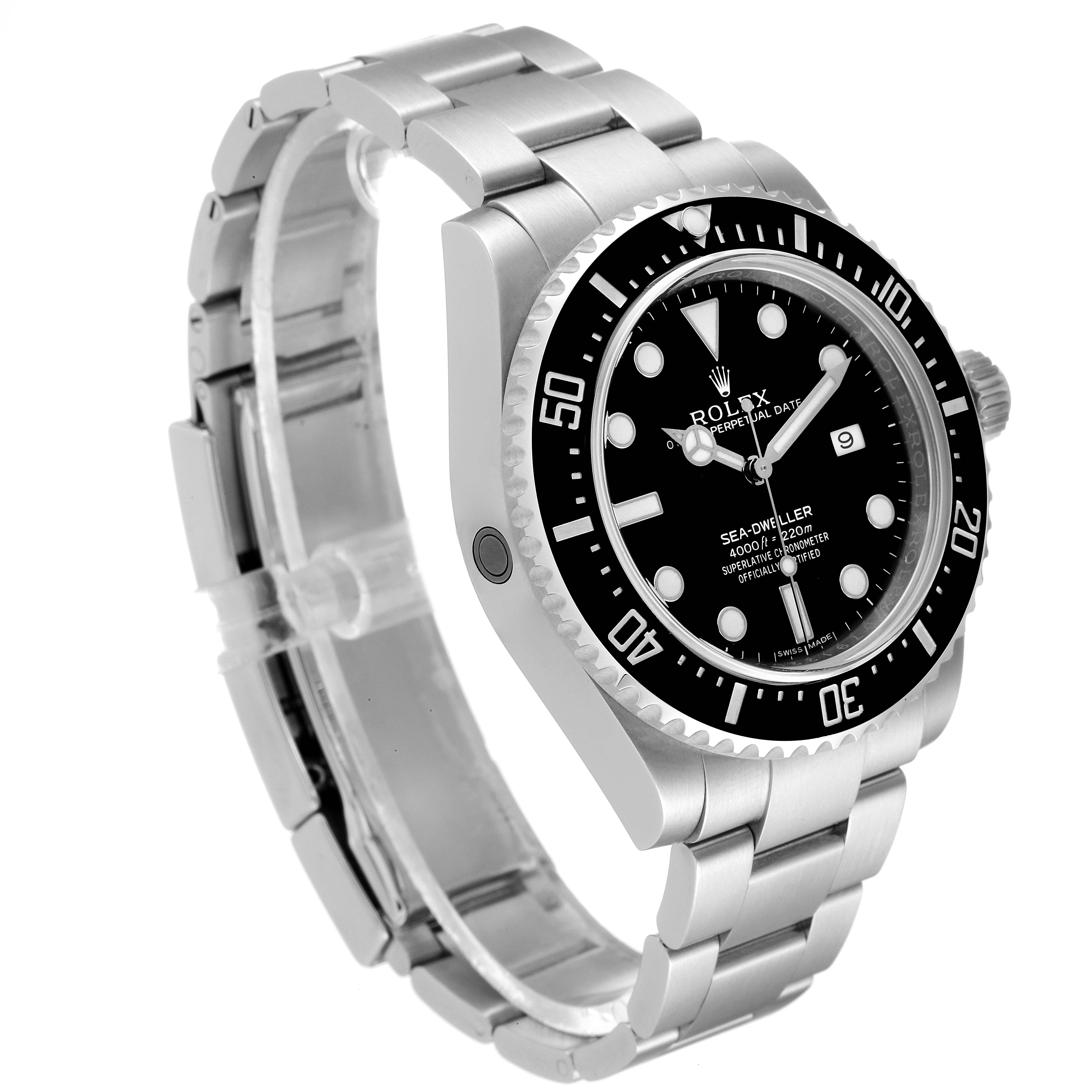 The image shows a Rolex Sea-Dweller 116600 Men
s Stainless Steel Black Dial 116600 Men
s Stainless Steel Black Dial watch at a 3/4 angle, displaying its face, bezel, crown, and bracelet.