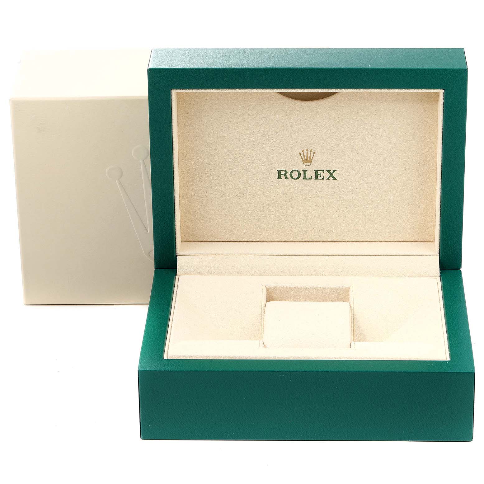 This image shows the open display box for a Rolex Sea-Dweller 116600 Men
s Stainless Steel Black Dial 116600 Men
s Stainless Steel Black Dial watch, featuring the brand
s logo inside.