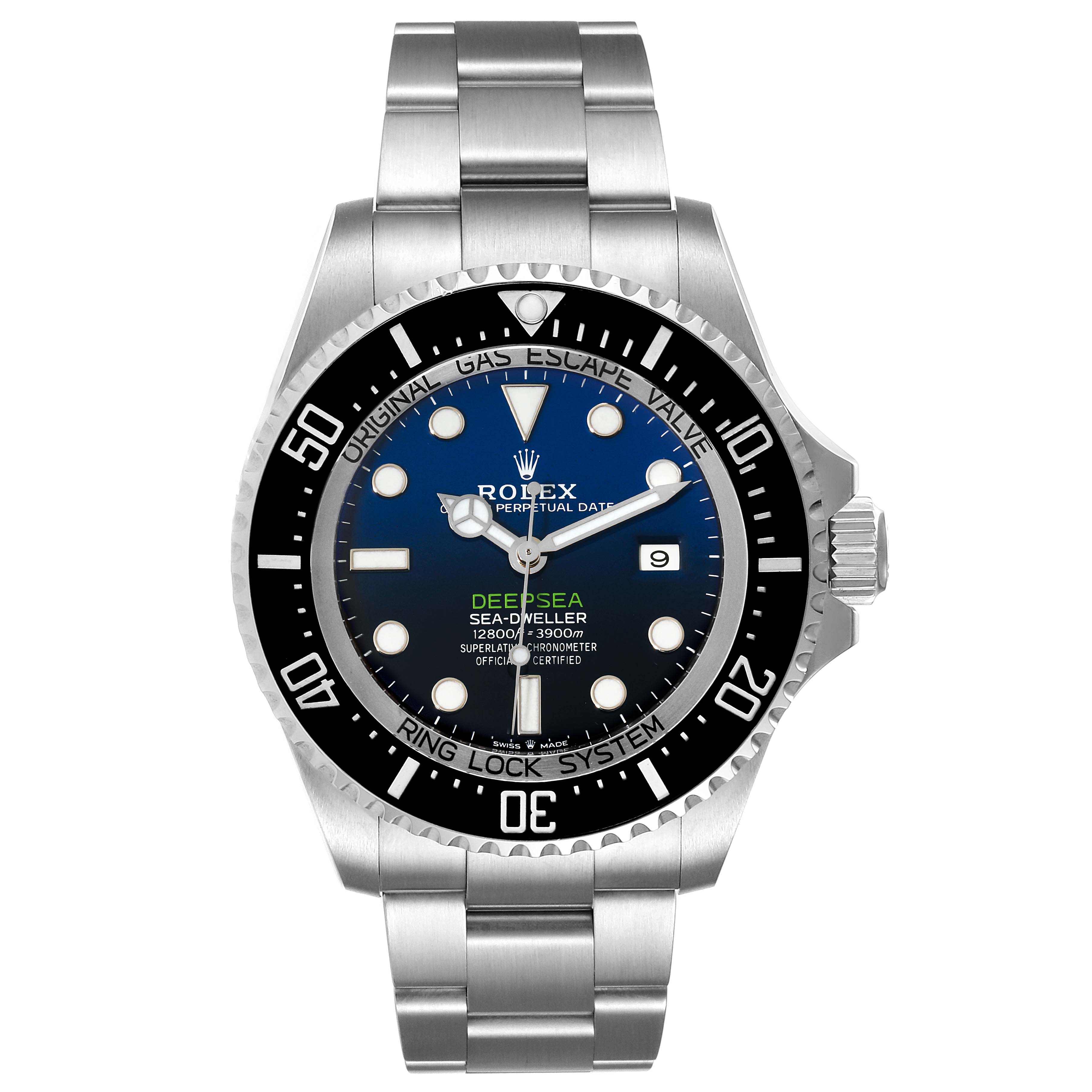 The image shows a front view of the Rolex Sea-Dweller 126660 Men
s Stainless Steel Blue Dial 126660 Men
s Stainless Steel Blue Dial watch, highlighting its dial, bezel, and bracelet.