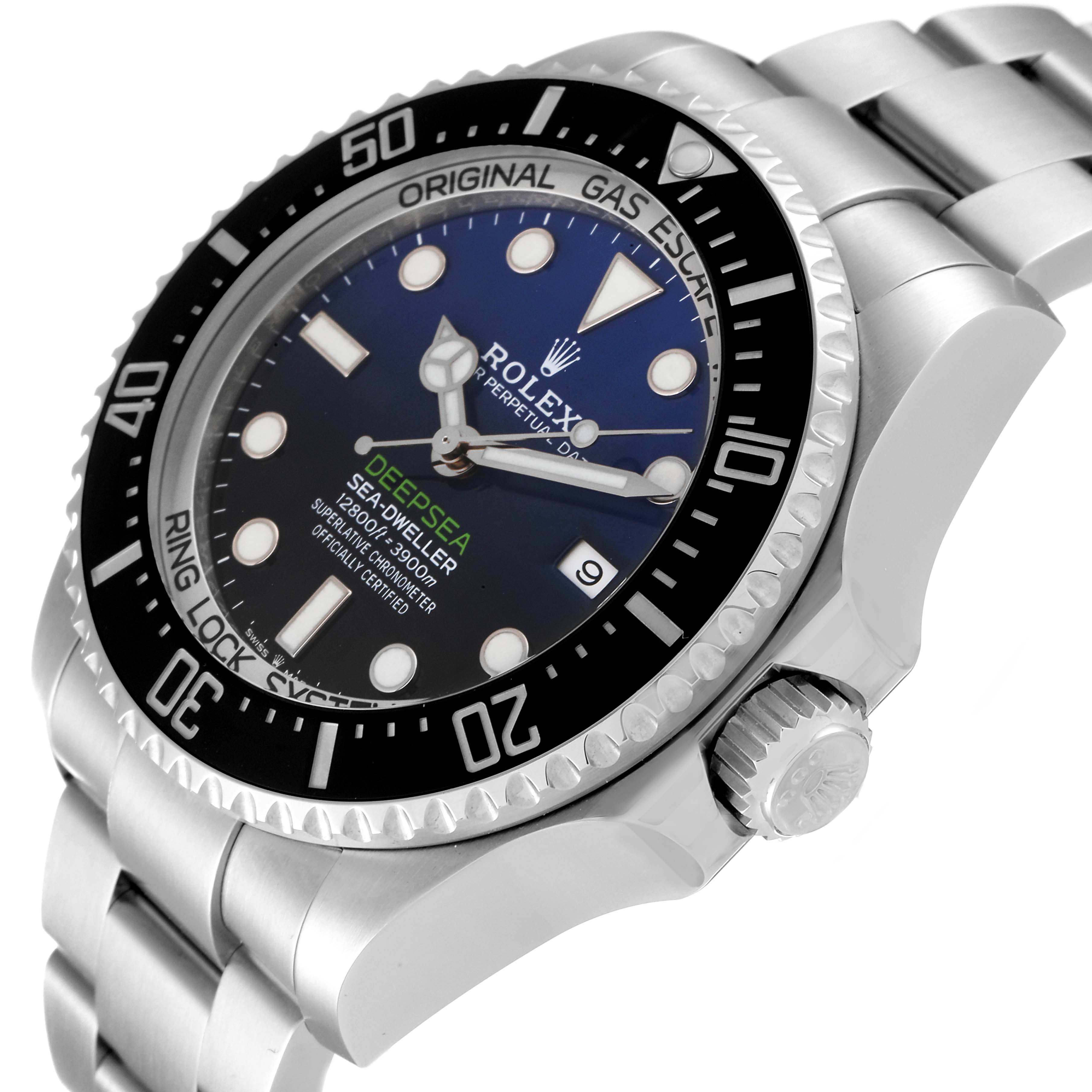 The image shows a close-up side angle of the Rolex Sea-Dweller 126660 Men
s Stainless Steel Blue Dial 126660 Men
s Stainless Steel Blue Dial watch, displaying the face, bezel, and part of the bracelet.