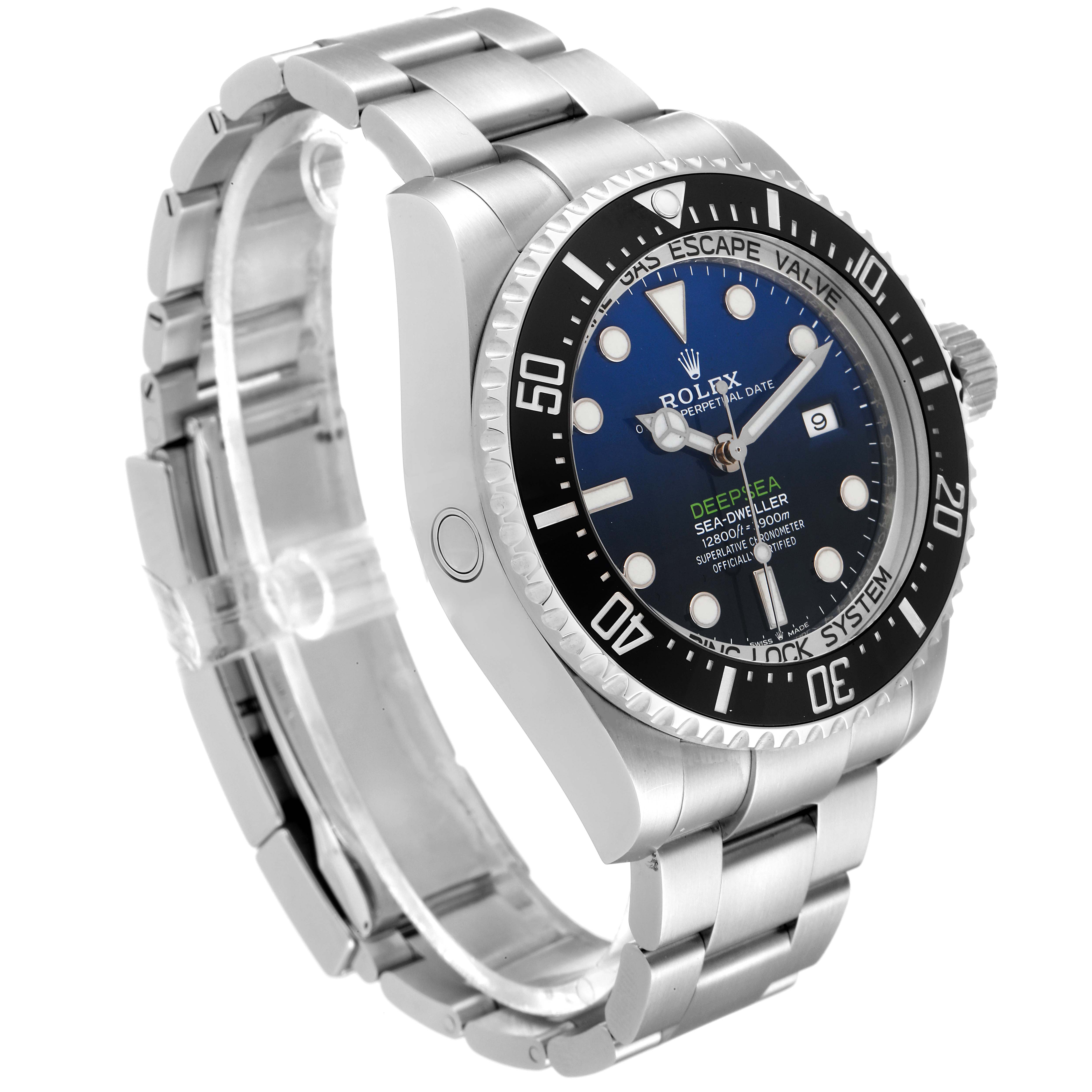 The Rolex Sea-Dweller 126660 Men
s Stainless Steel Blue Dial 126660 Men
s Stainless Steel Blue Dial watch is shown at a three-quarter angle, showcasing the face, bezel, crown, and bracelet.