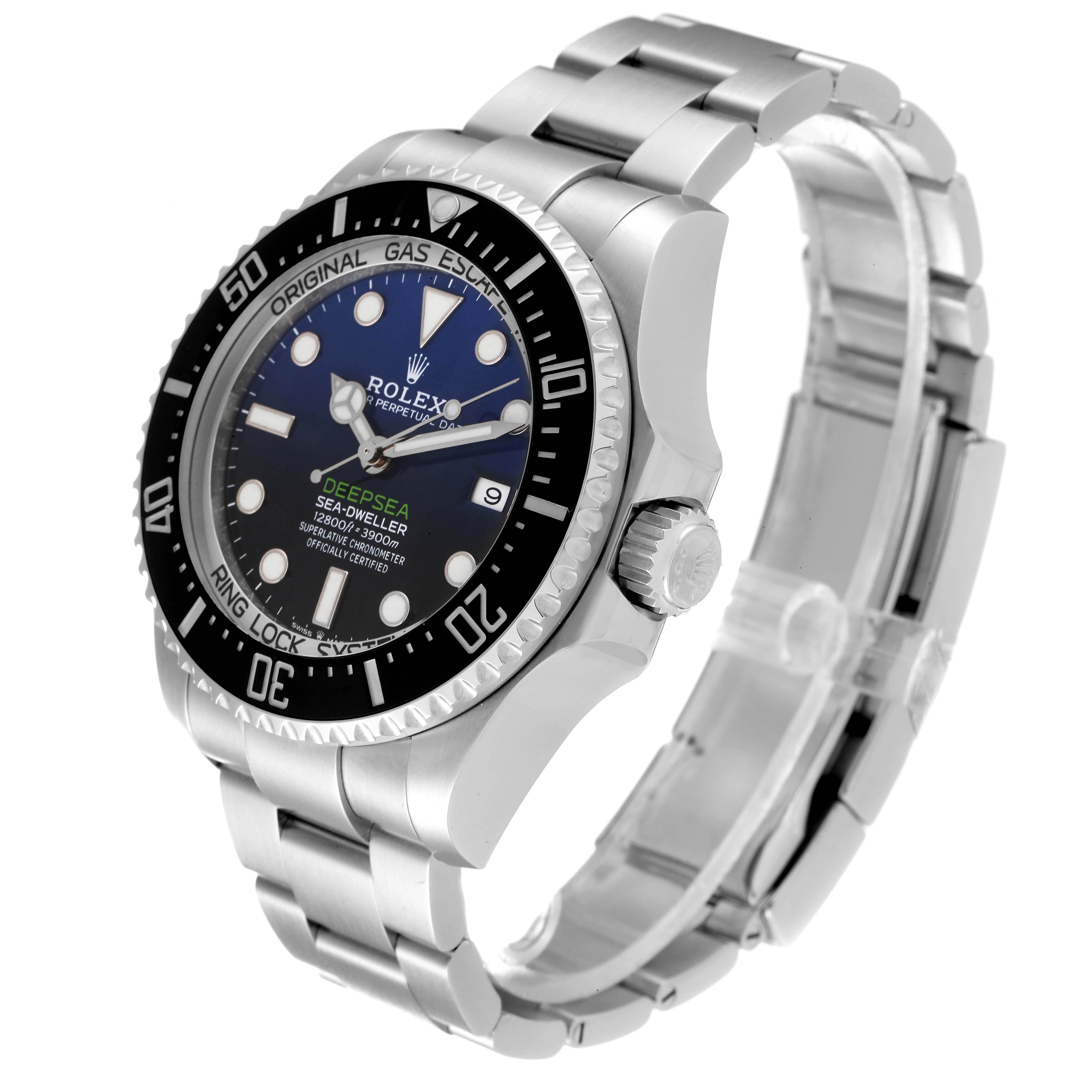 The Rolex Sea-Dweller 126660 Men
s Stainless Steel Blue Dial 126660 Men
s Stainless Steel Blue Dial watch is shown at an angled side view, highlighting the face, bezel, and bracelet.