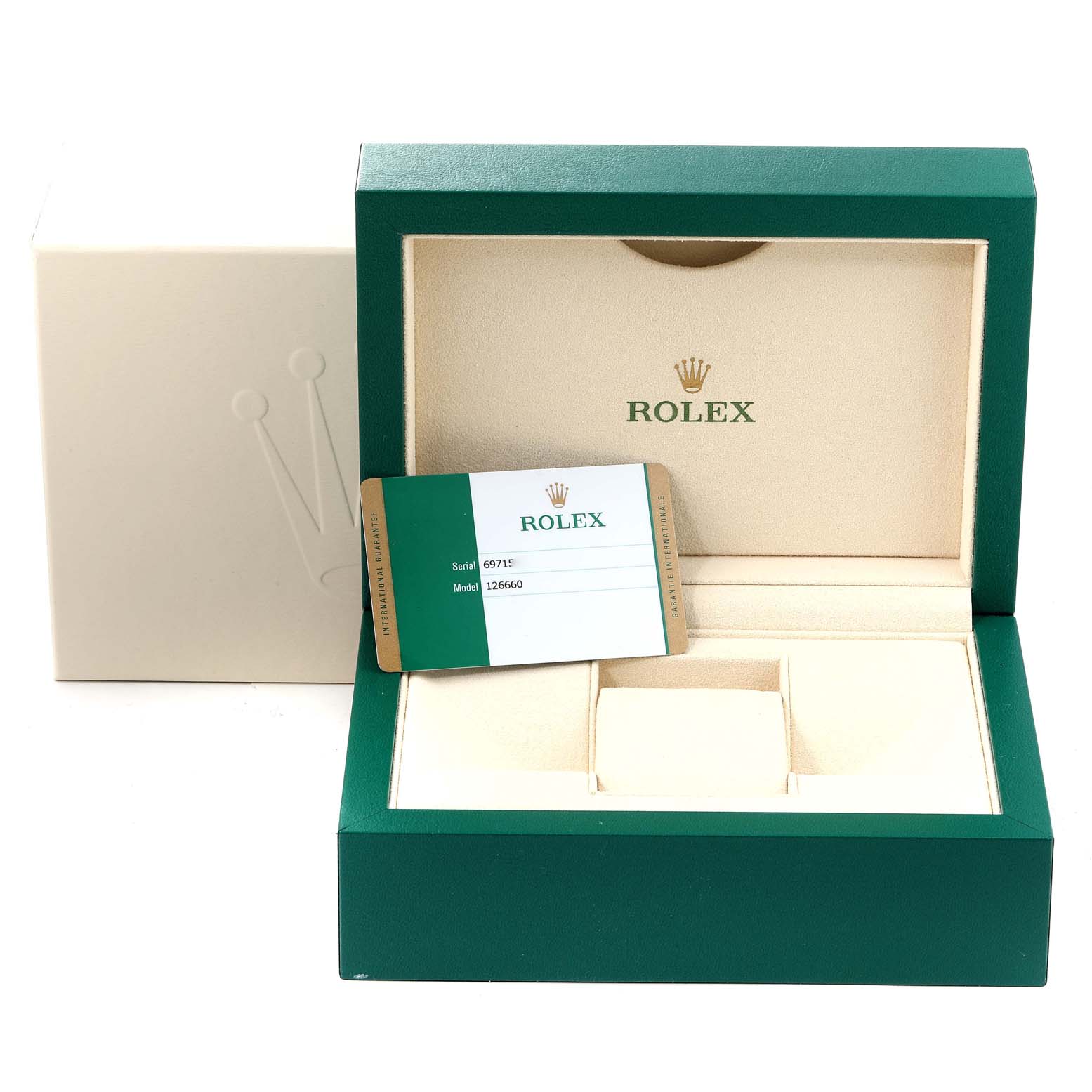 The image shows a Rolex Sea-Dweller 126660 Men
s Stainless Steel Blue Dial 126660 Men
s Stainless Steel Blue Dial watch box and warranty card, viewed from the front.