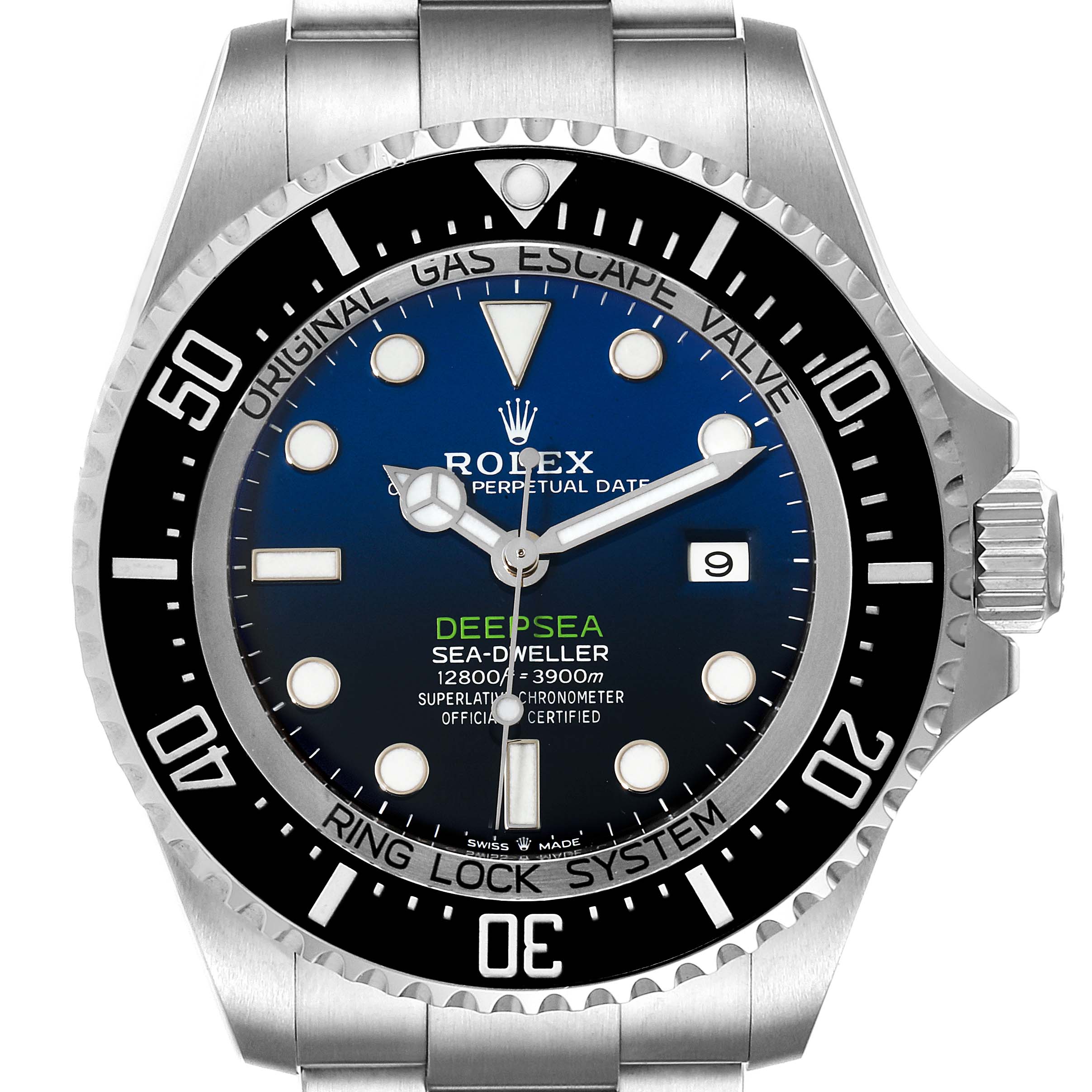This image shows a front view of the Rolex Sea-Dweller 126660 Men
s Stainless Steel Blue Dial 126660 Men
s Stainless Steel Blue Dial Deepsea watch, highlighting the dial, bezel, and bracelet.