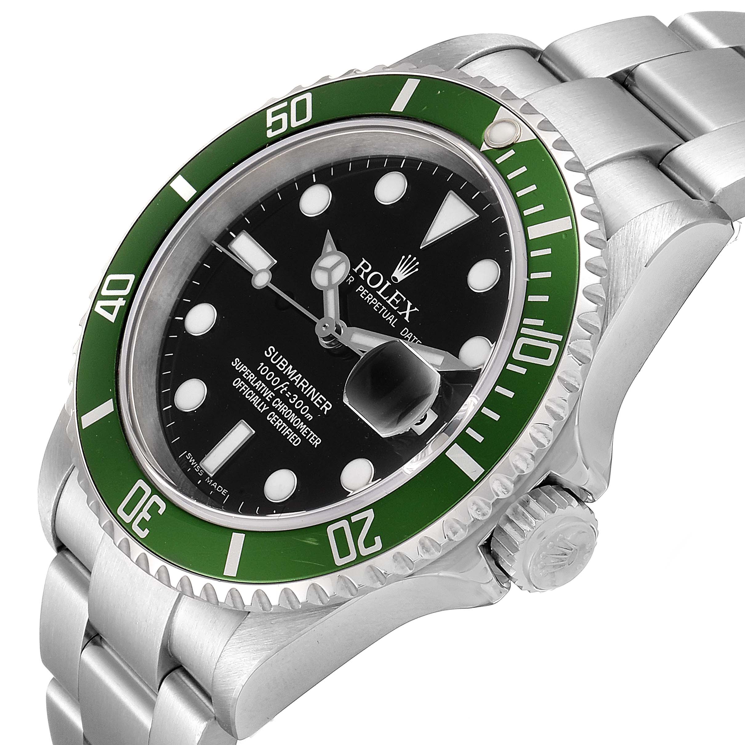 The image shows a Rolex Submariner 16610LV Men's Stainless Steel Black Dial 16610LV Men's Stainless Steel Black Dial watch angled from the front-left, highlighting its green bezel, black dial, and stainless steel bracelet.