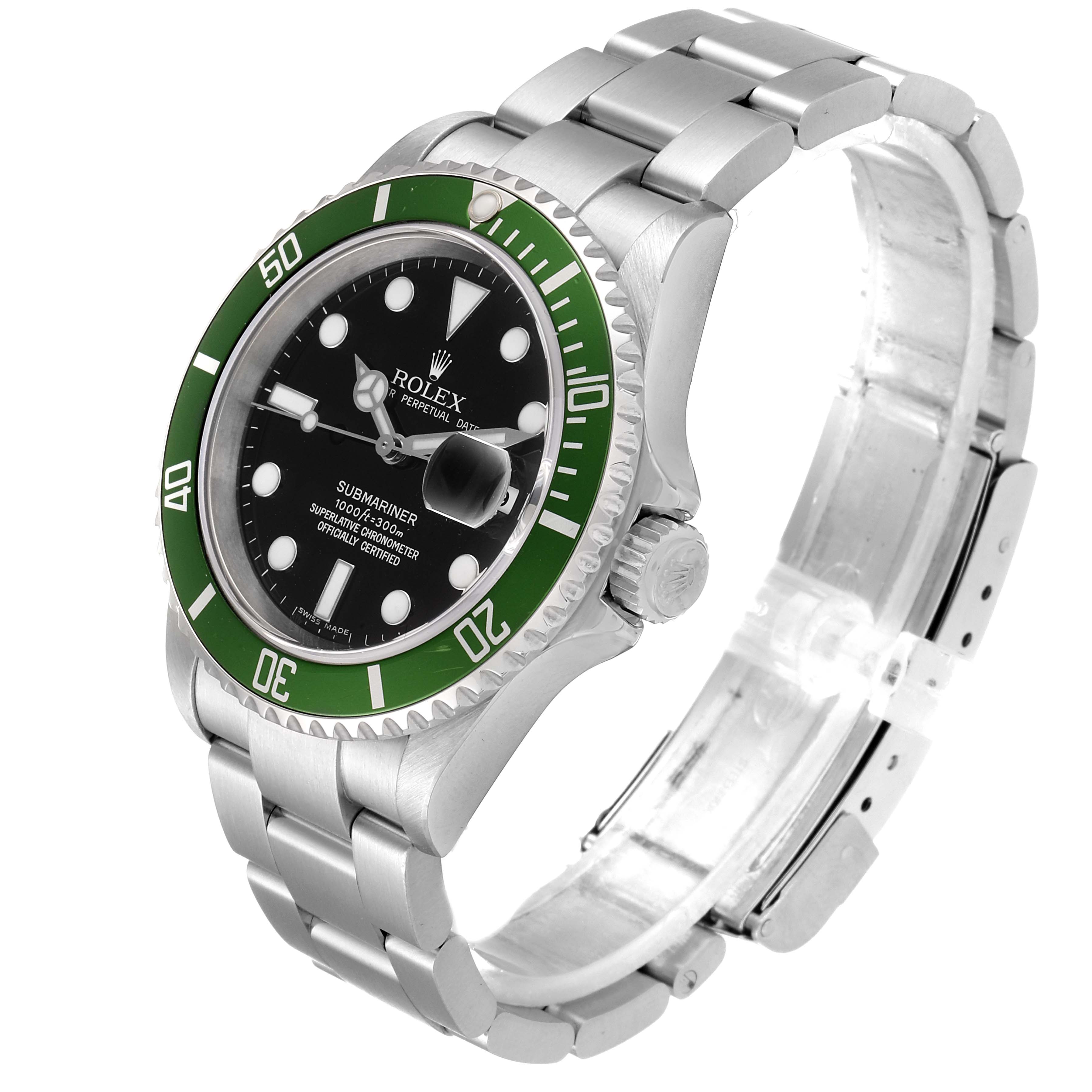 The image shows a Rolex Submariner 16610LV Men's Stainless Steel Black Dial 16610LV Men's Stainless Steel Black Dial watch at a three-quarter angle, highlighting its bracelet, green bezel, black dial, and crown.
