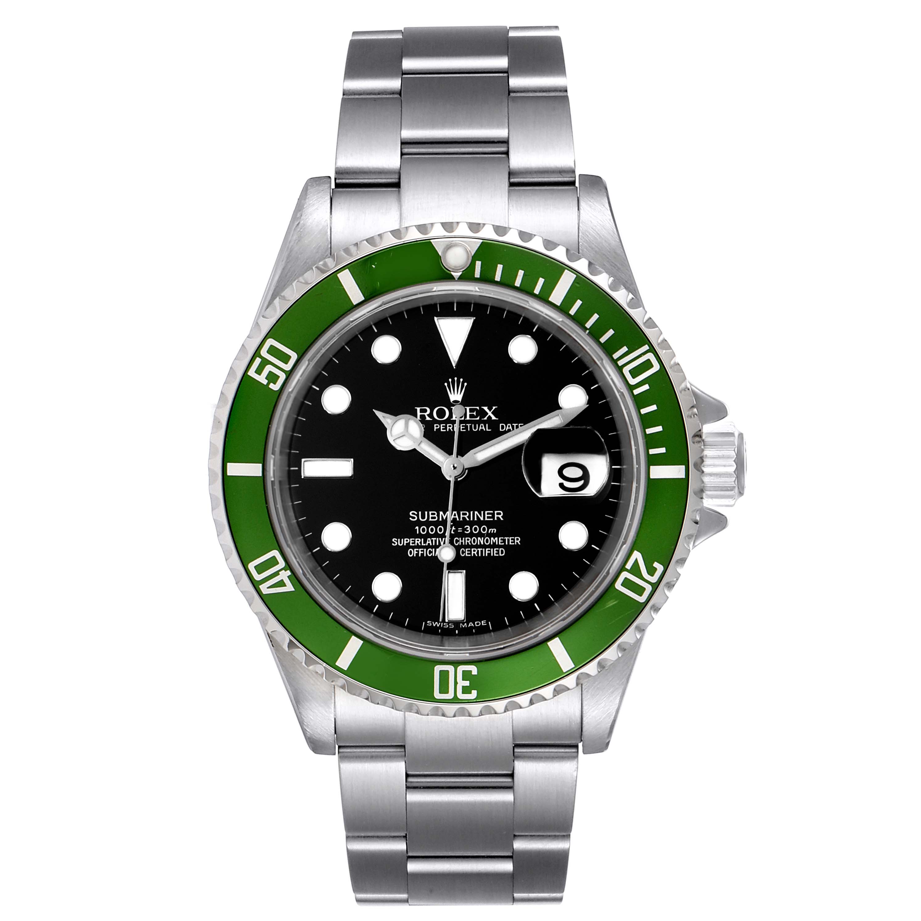 This is a frontal view of the Rolex Submariner 16610LV Men's Stainless Steel Black Dial 16610LV Men's Stainless Steel Black Dial watch, showing the dial, bezel, bracelet, and crown.