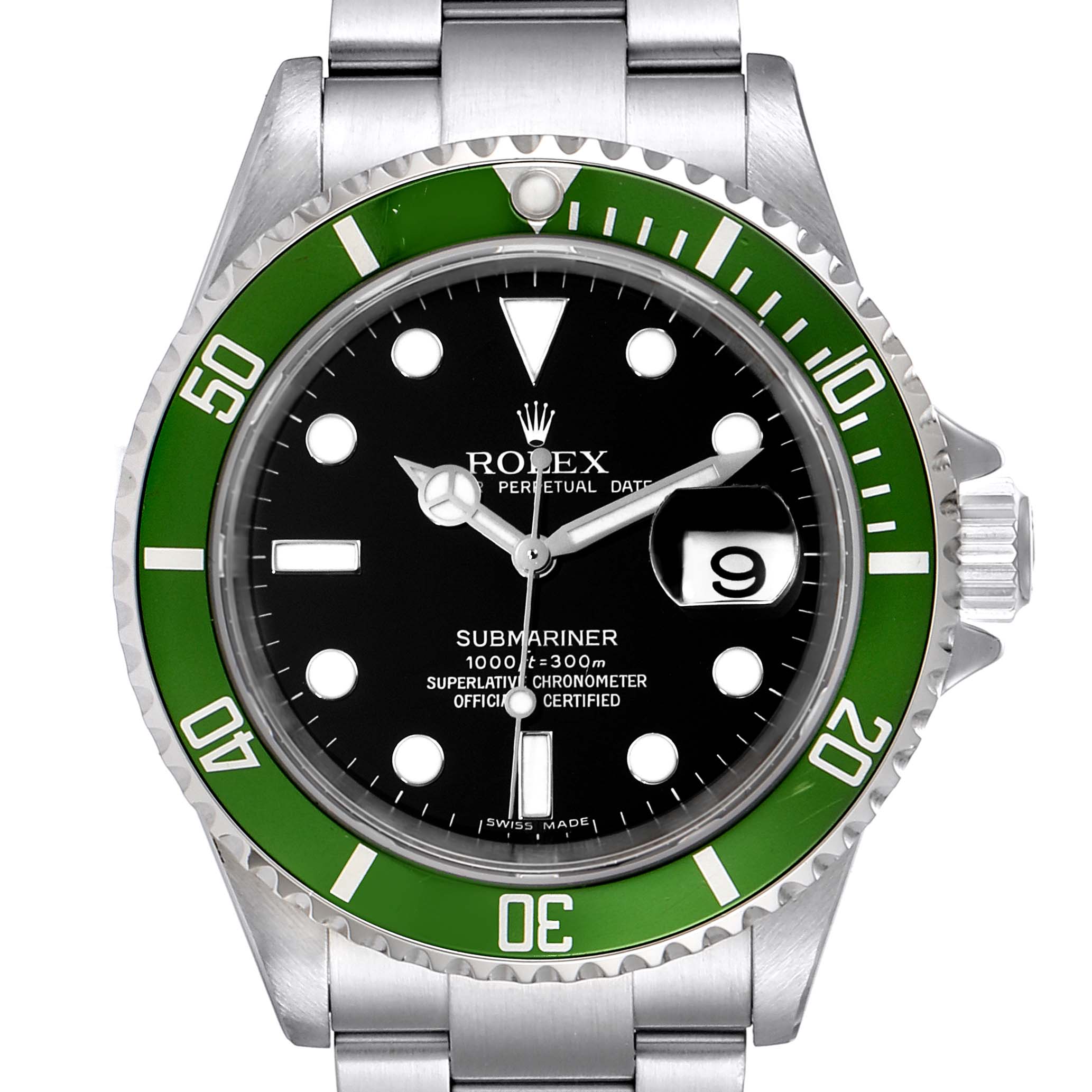 The image shows a front view of a Rolex Submariner 16610LV Men's Stainless Steel Black Dial 16610LV Men's Stainless Steel Black Dial watch, highlighting its green bezel, black dial, and metal bracelet.