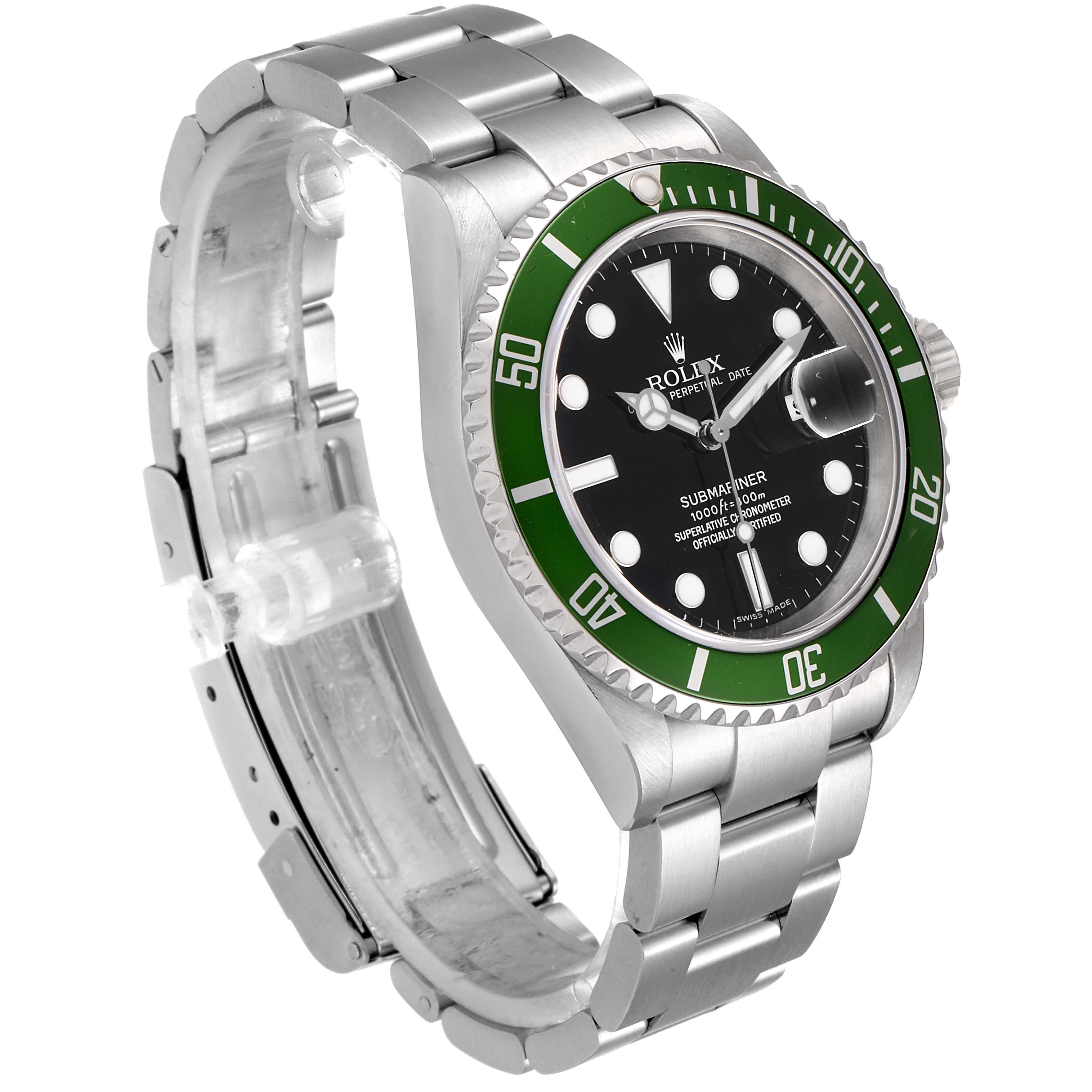 The image shows a Rolex Submariner 16610LV Men's Stainless Steel Black Dial 16610LV Men's Stainless Steel Black Dial from a 3/4 angle, highlighting its green bezel, black dial, and metal bracelet.