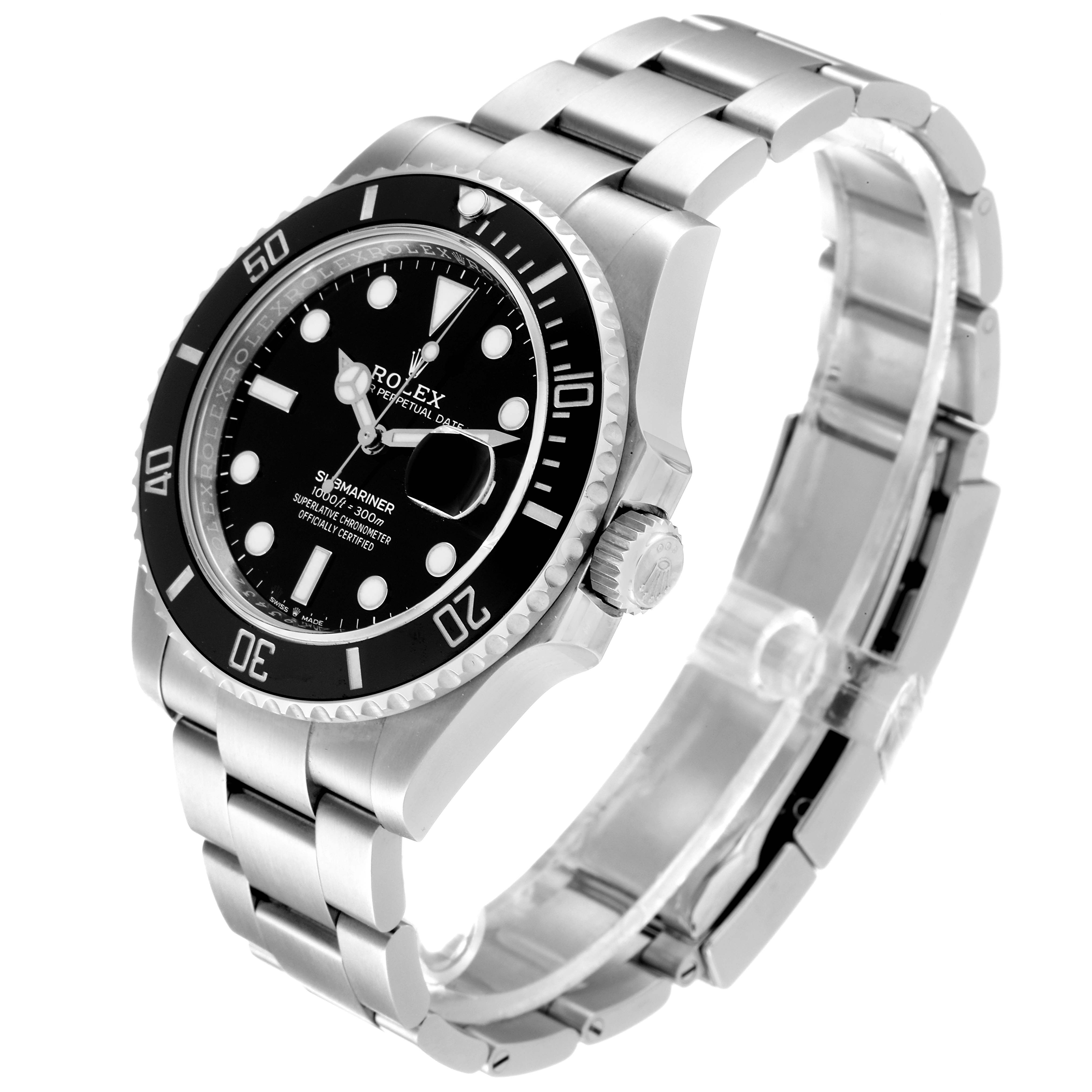 The image shows a Rolex Submariner 126610 Men's Stainless Steel Black Dial 126610 Men's Stainless Steel Black Dial watch at an angle highlighting the face, bezel, crown, and bracelet.