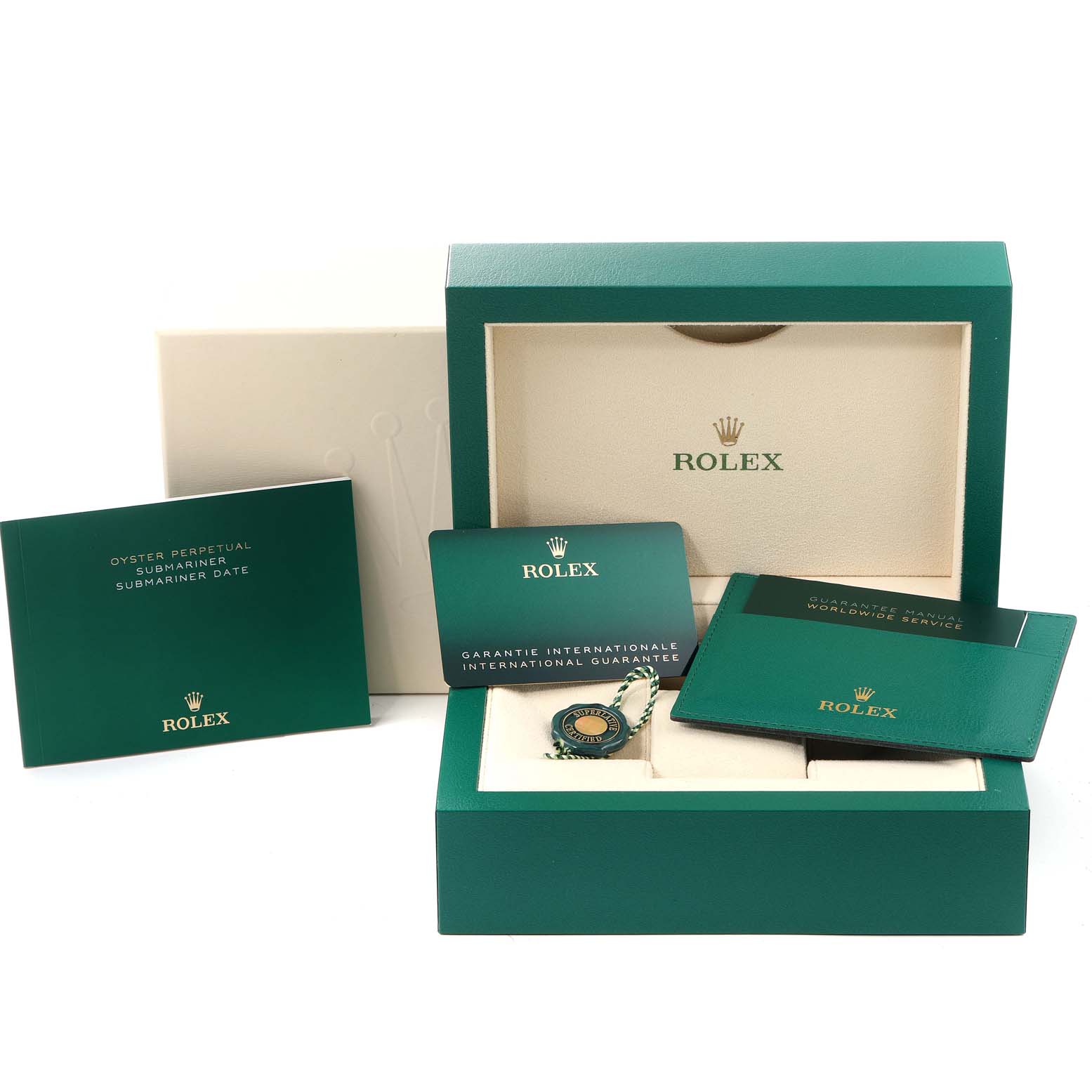 The image shows the packaging and accessories of a Rolex Submariner 126610 Men's Stainless Steel Black Dial 126610 Men's Stainless Steel Black Dial watch, including manuals, a guarantee card, and a green box.