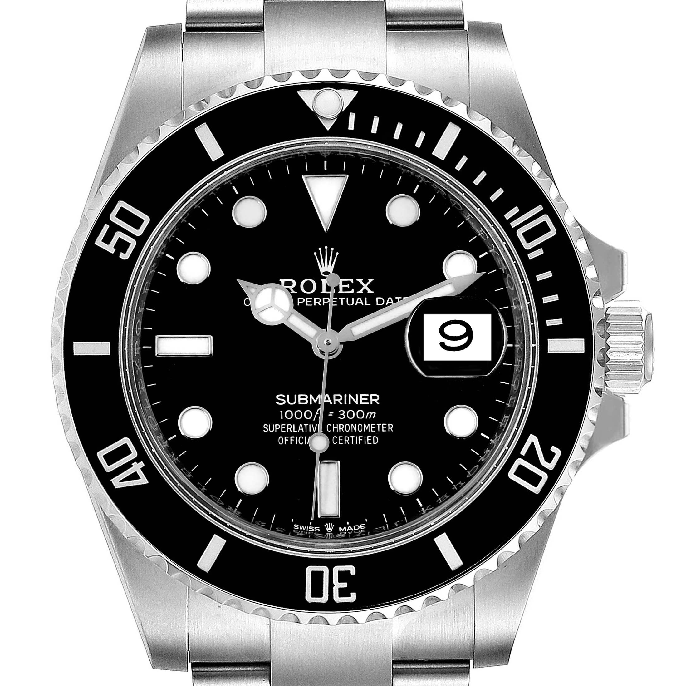 This image shows the front view of a Rolex Submariner 126610 Men's Stainless Steel Black Dial 126610 Men's Stainless Steel Black Dial watch, including the face, bezel, crown, and part of the bracelet.