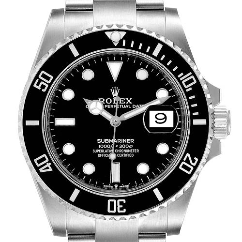 The image shows a front view of the Rolex Submariner, displaying its black dial, bezel, and metal bracelet.