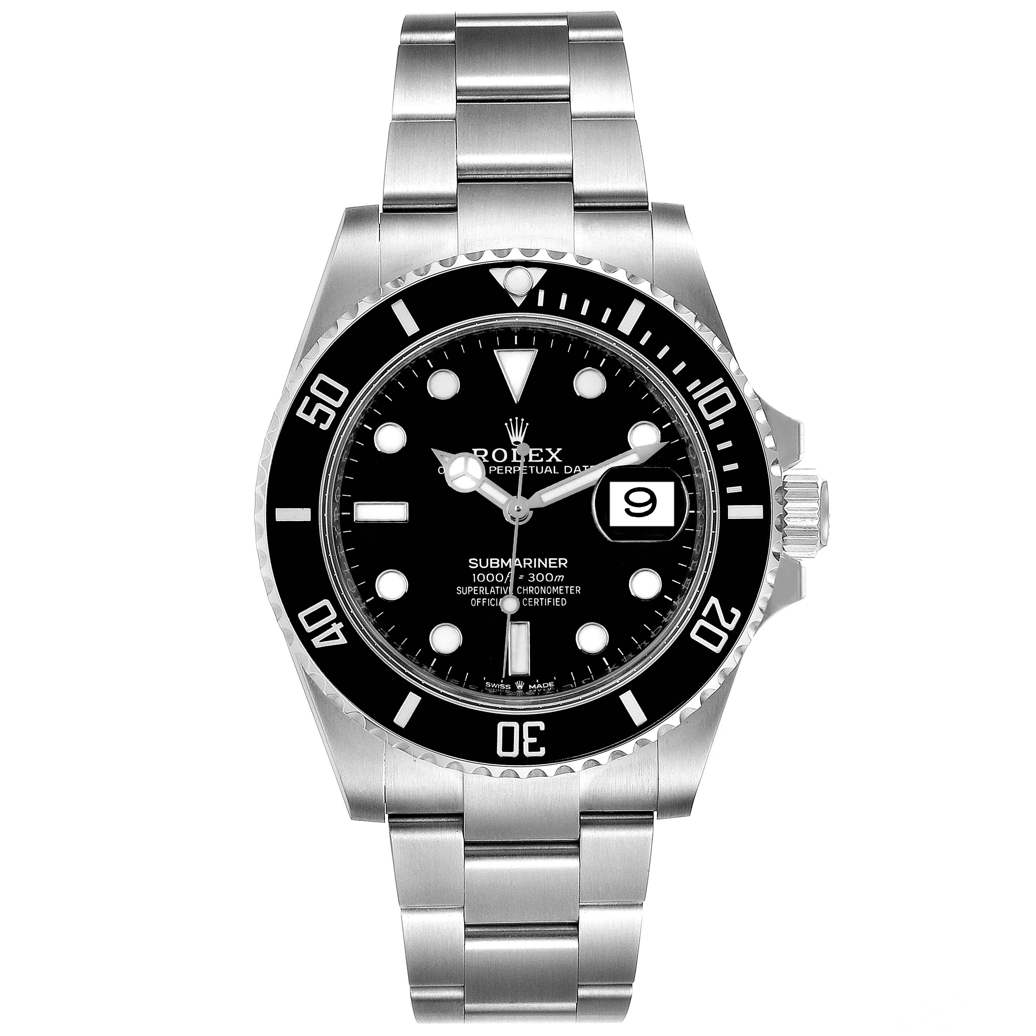 This image shows a front view of the Rolex Submariner 126610 Men's Stainless Steel Black Dial 126610 Men's Stainless Steel Black Dial watch, highlighting the dial, bezel, bracelet, and date window.