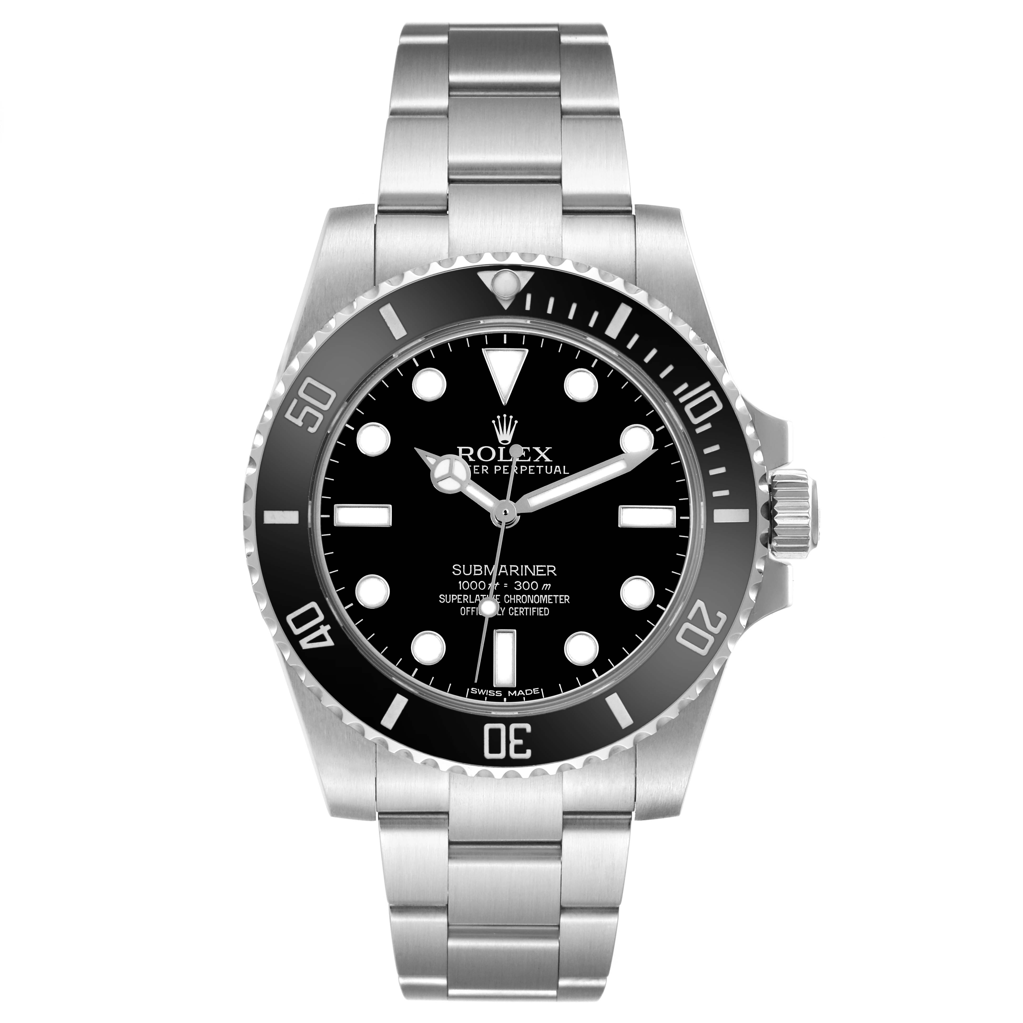 The image shows a front view of the Rolex Submariner 114060 Men's Stainless Steel Black Dial 114060 Men's Stainless Steel Black Dial watch, highlighting the dial, bezel, case, and bracelet.
