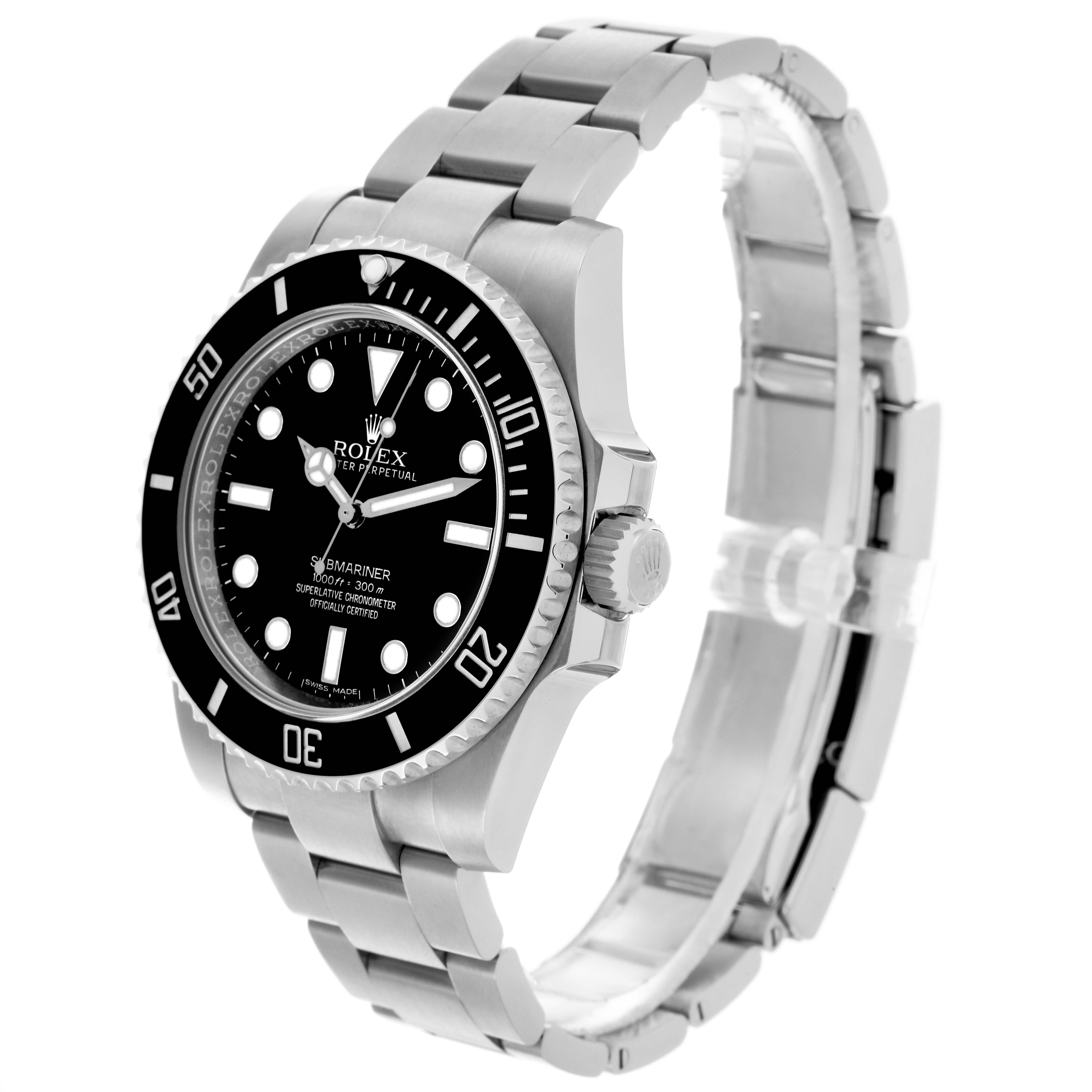 The Rolex Submariner 114060 Men's Stainless Steel Black Dial 114060 Men's Stainless Steel Black Dial watch is shown at a three-quarter angle focusing on its face, bezel, crown, and bracelet.