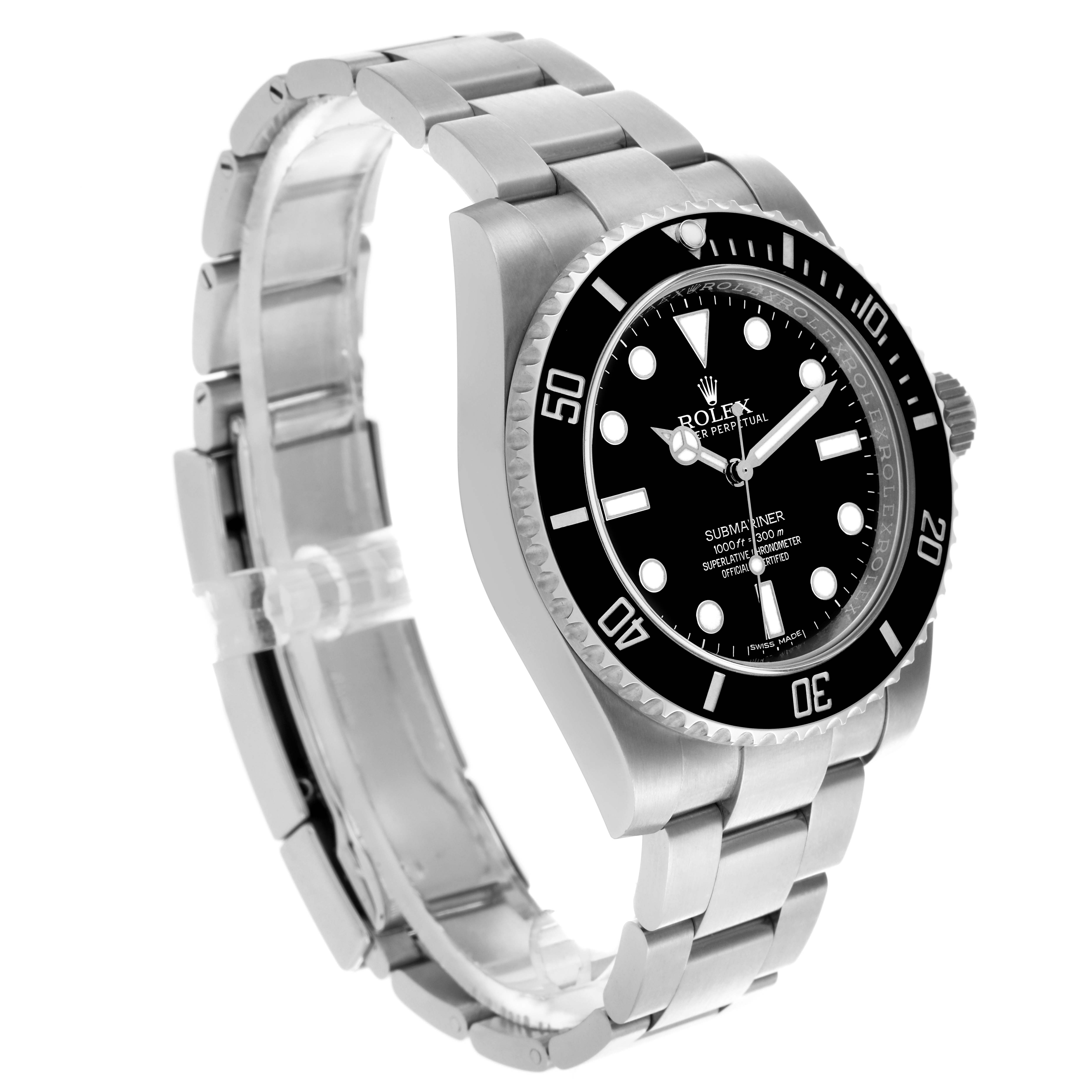 The Rolex Submariner 114060 Men's Stainless Steel Black Dial 114060 Men's Stainless Steel Black Dial watch is shown at a slight angle, displaying its black dial, bezel, and stainless steel bracelet.