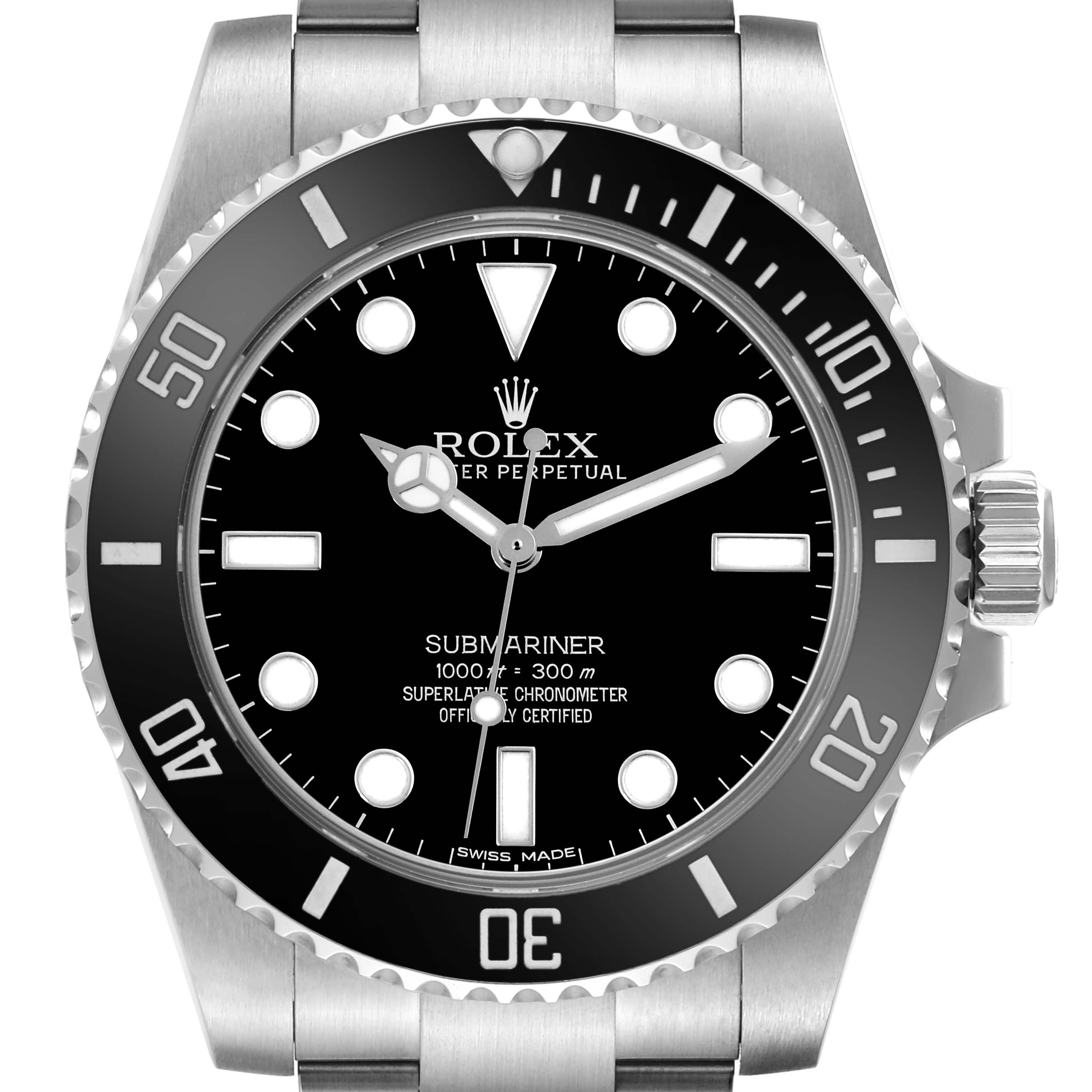 The image shows a front view of the Rolex Submariner 114060 Men's Stainless Steel Black Dial 114060 Men's Stainless Steel Black Dial, highlighting the dial, bezel, and crown.