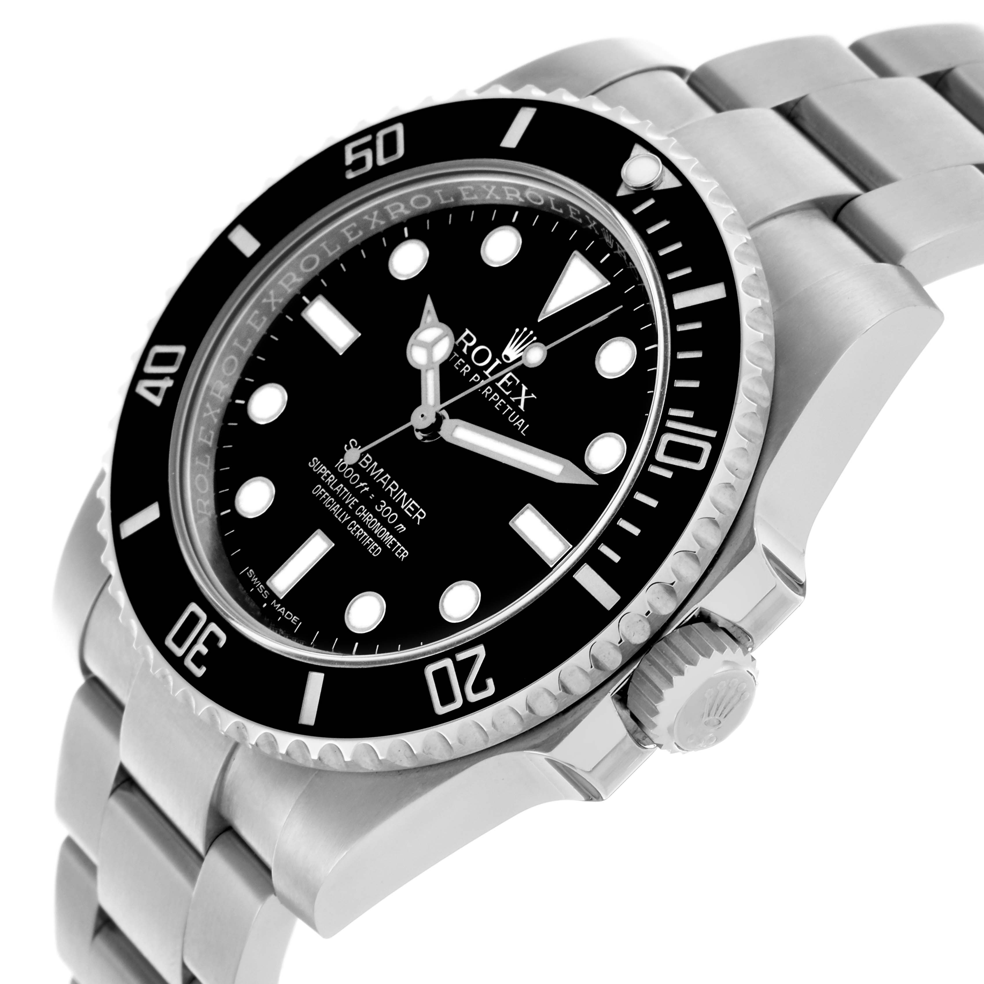 The Rolex Submariner 114060 Men's Stainless Steel Black Dial 114060 Men's Stainless Steel Black Dial watch is shown at a tilted angle, highlighting the dial, bezel, and part of the bracelet.
