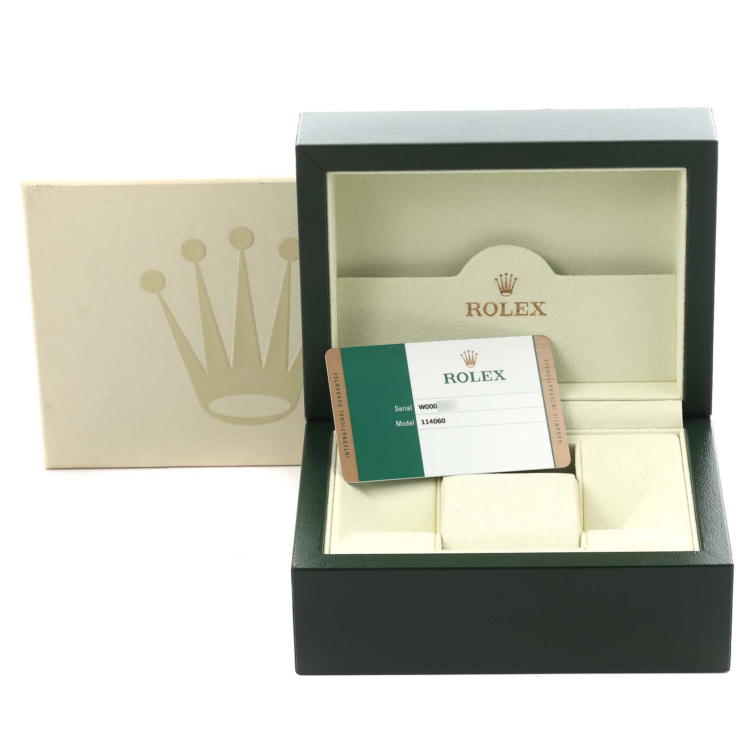 The image shows a Rolex Submariner 114060 Men's Stainless Steel Black Dial 114060 Men's Stainless Steel Black Dial watch box with an authentication card placed inside.