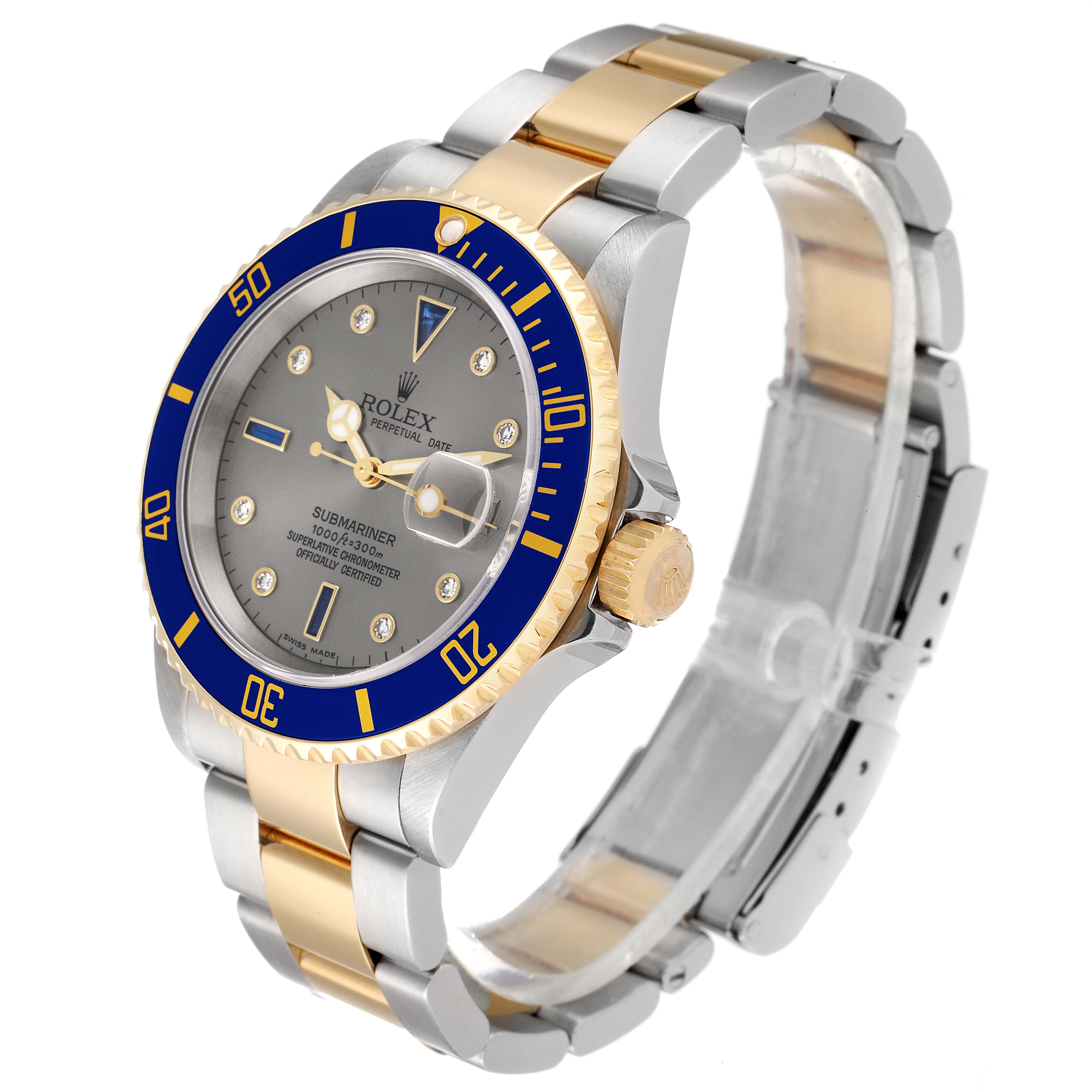 The Rolex Submariner 16613 Men
s Steel and Gold (two tone) Grey Dial 16613 Men
s Steel and Gold (two tone) Grey Dial watch is shown at a slight angle highlighting its blue bezel, grey dial, and two-tone metal bracelet.