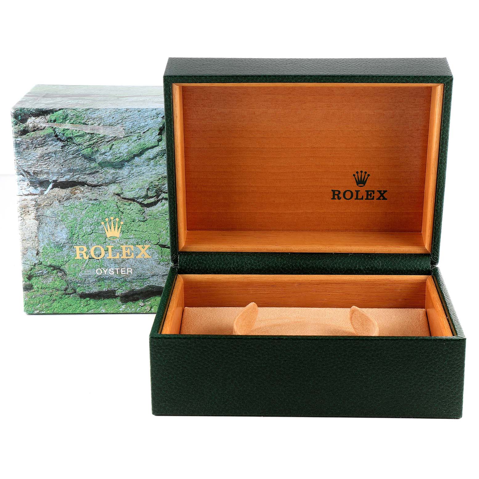 The image shows an open Rolex Submariner 16613 Men
s Steel and Gold (two tone) Grey Dial 16613 Men
s Steel and Gold (two tone) Grey Dial watch box, with the outer green box also visible.