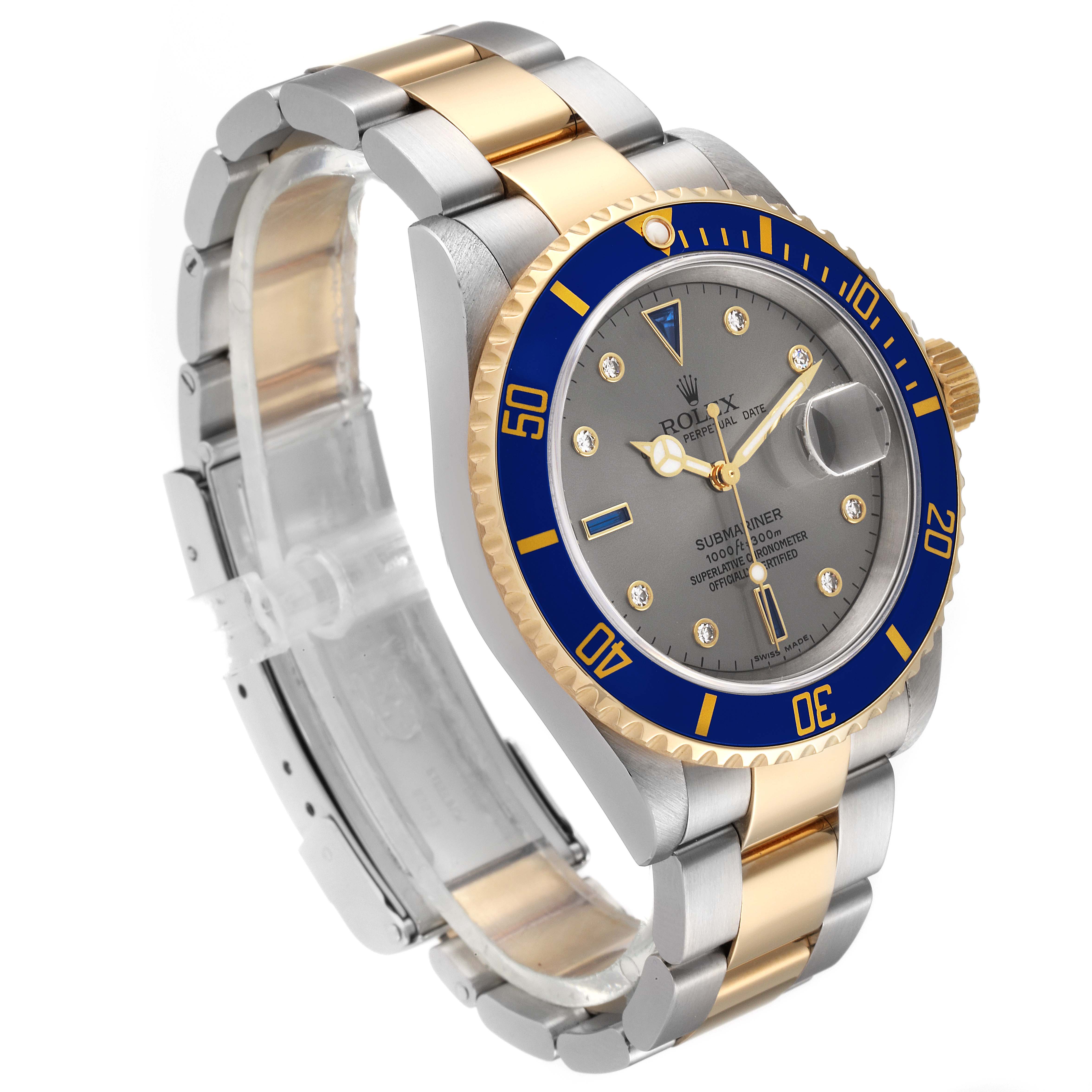 The Rolex Submariner 16613 Men
s Steel and Gold (two tone) Grey Dial 16613 Men
s Steel and Gold (two tone) Grey Dial watch is shown at a slight angle displaying the face, bezel, and bracelet.