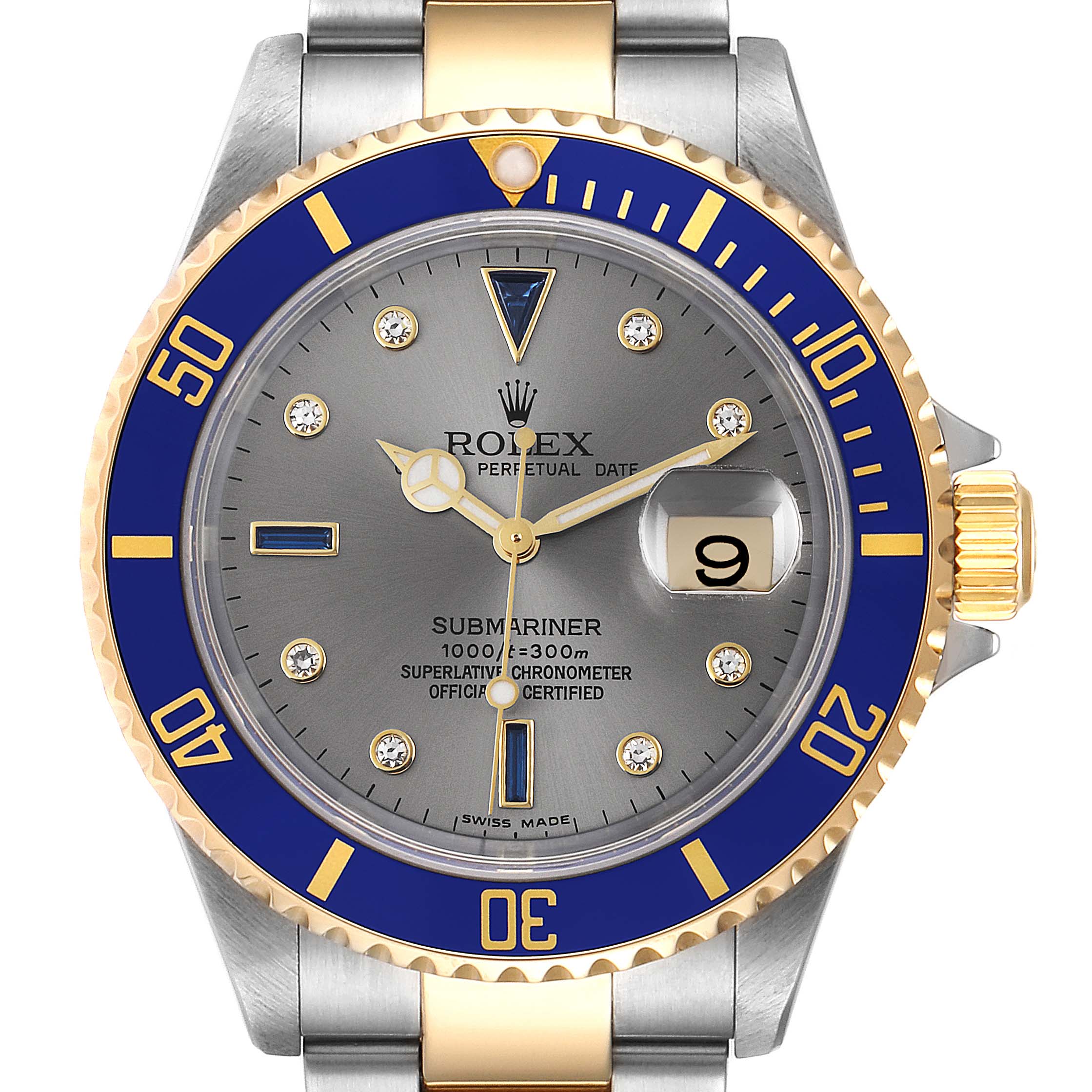 The image shows a frontal view of a Rolex Submariner 16613 Men
s Steel and Gold (two tone) Grey Dial 16613 Men
s Steel and Gold (two tone) Grey Dial watch, highlighting the dial, bezel, crown, and part of the bracelet.