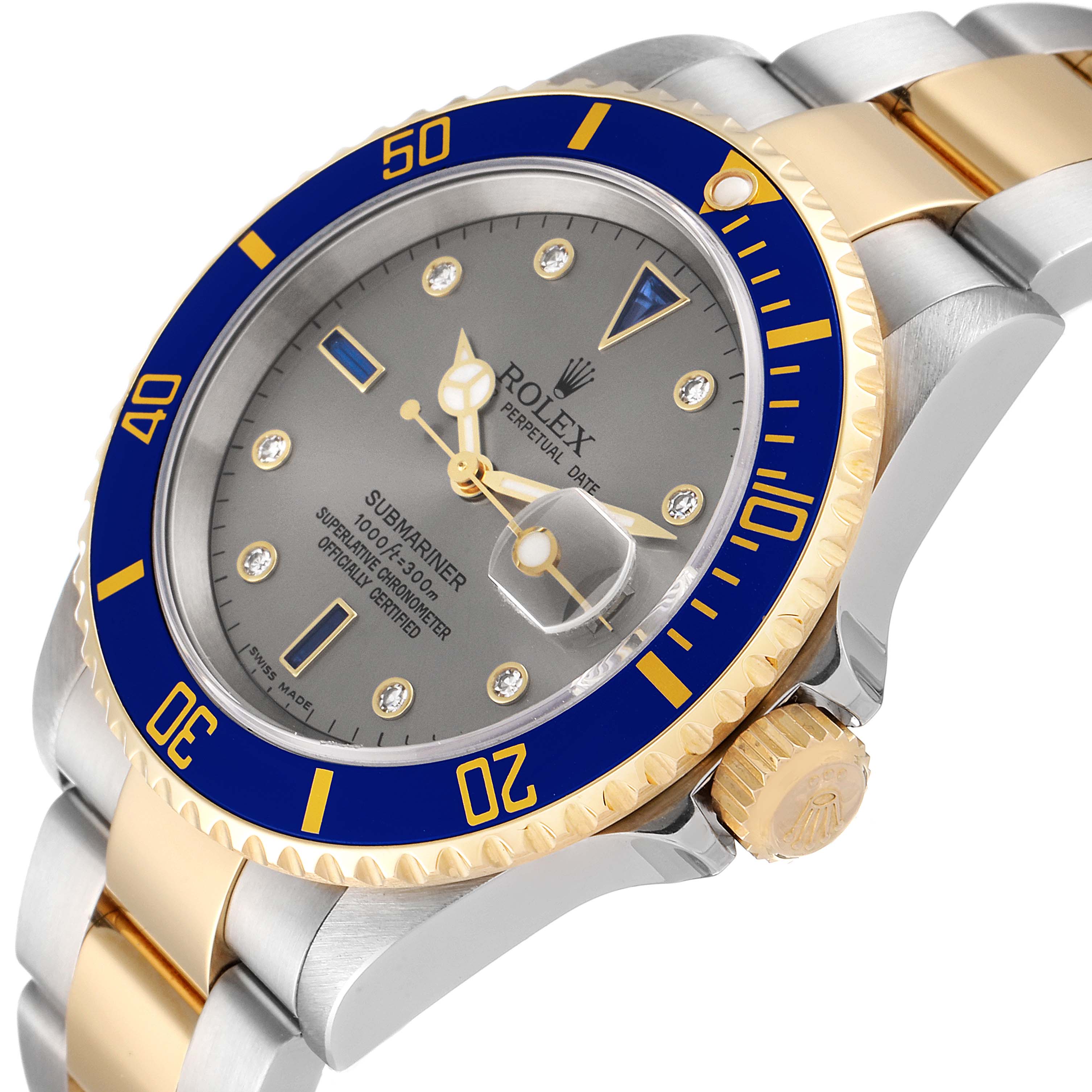 The image shows a close-up side angle of a Rolex Submariner 16613 Men
s Steel and Gold (two tone) Grey Dial 16613 Men
s Steel and Gold (two tone) Grey Dial watch, showcasing its crown, bezel, dial, and bracelet.