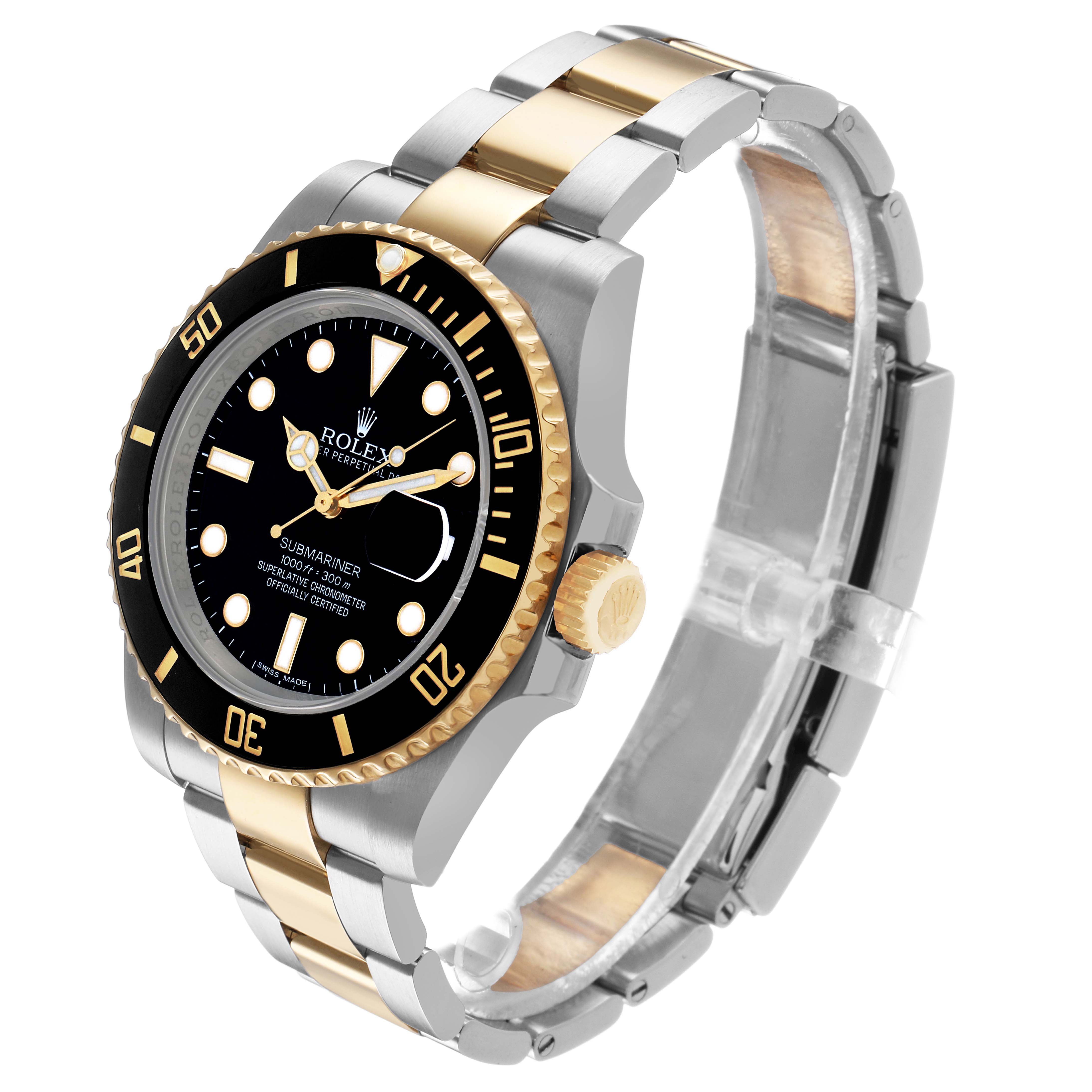 The Rolex Submariner 116613 Men's Stainless Steel Black Dial is shown at a three-quarter angle, highlighting the bezel, dial, crown, and two-tone bracelet.