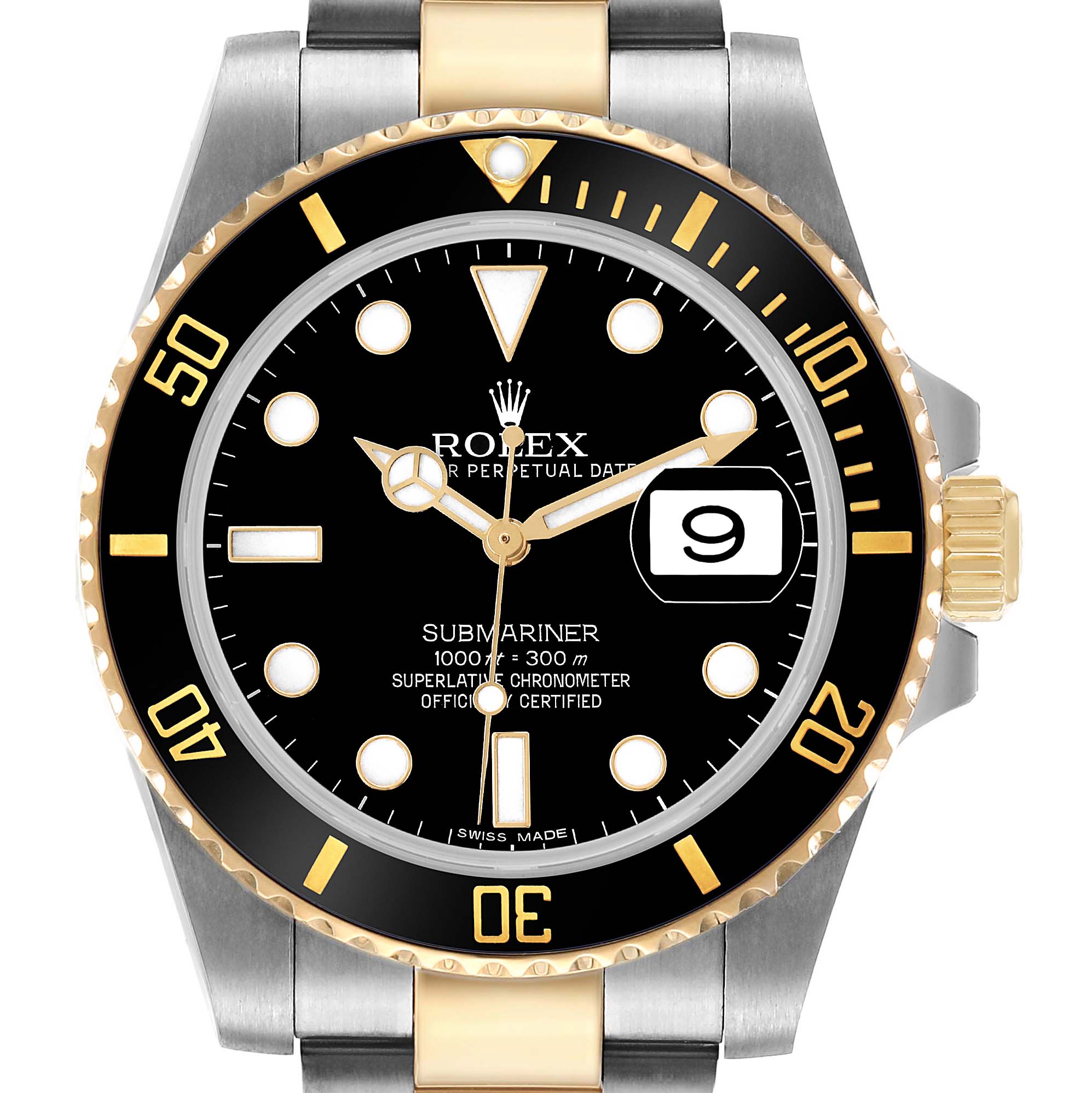 The Rolex Submariner 116613 Men's Stainless Steel Black Dial watch is shown from the front, highlighting the face, bezel, crown, and bracelet top links.