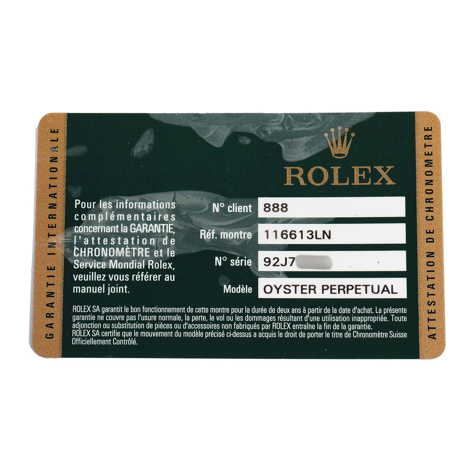 The image shows a warranty card for a Rolex Submariner 116613 Men's Stainless Steel Black Dial, model 116613LN, with client and reference numbers.