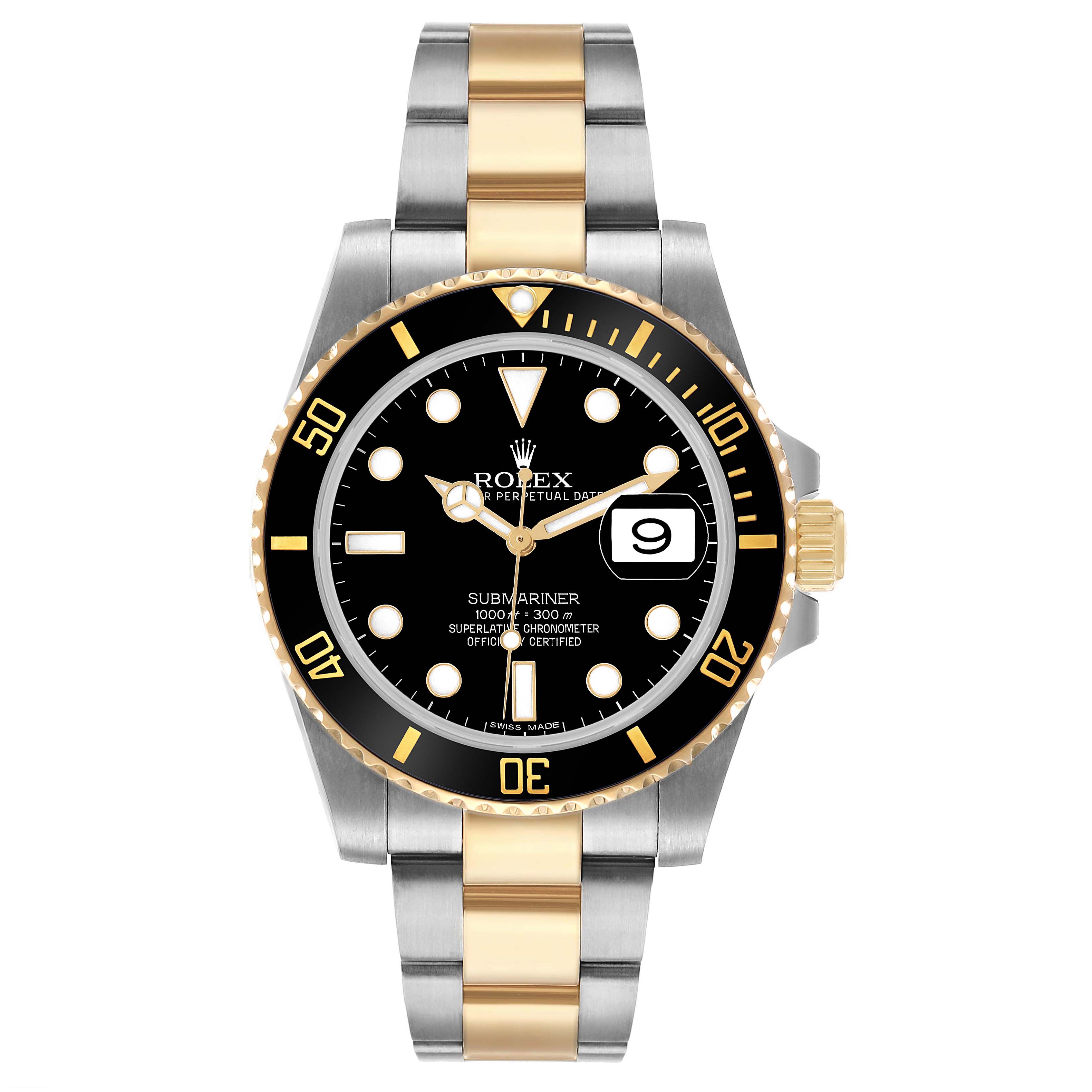The Rolex Submariner 116613 Men's Stainless Steel Black Dial watch is shown from a front view, highlighting its black dial, gold accents, and two-tone bracelet.