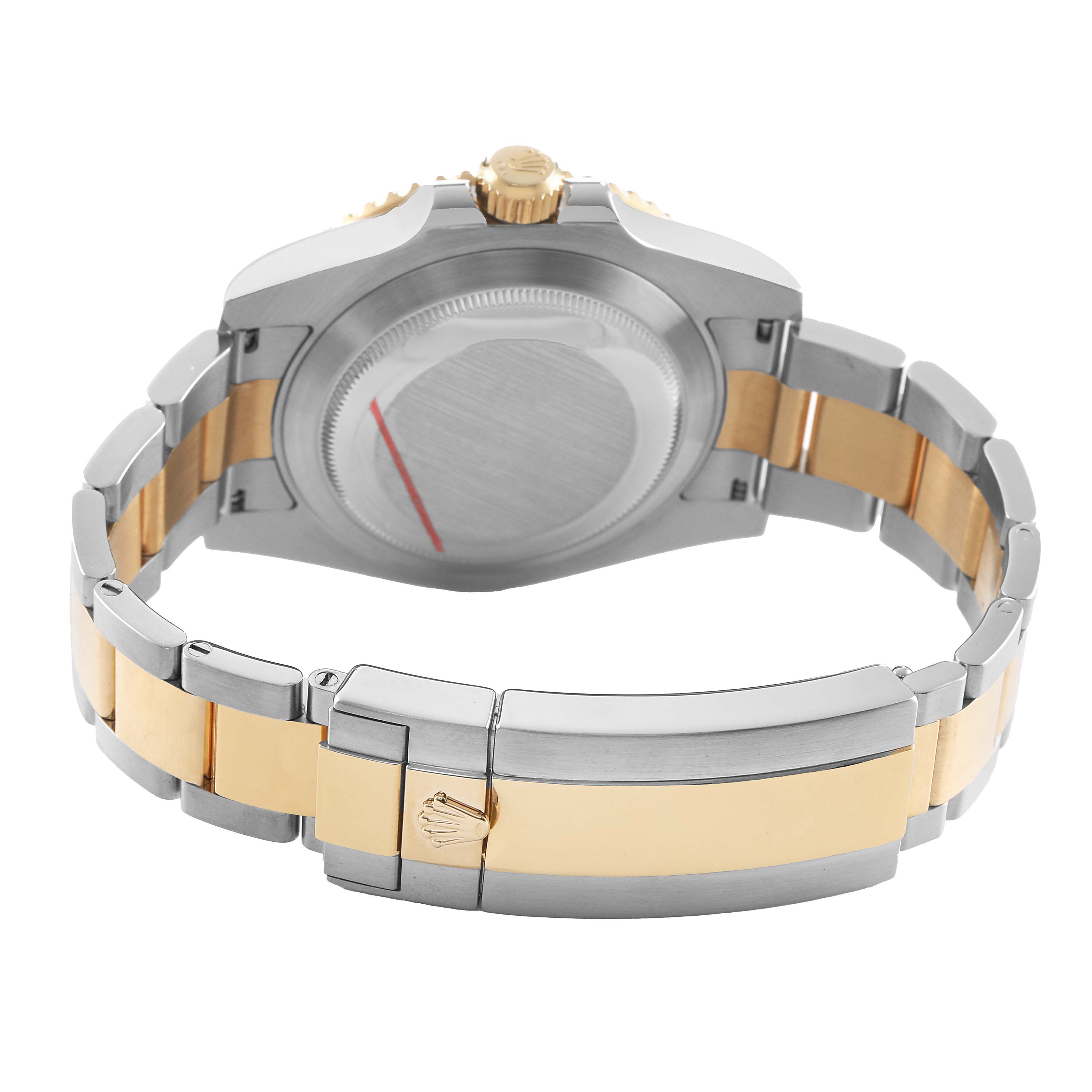 The image shows the back and clasp of a Rolex Submariner 116613 Men's Stainless Steel Black Dial watch, highlighting its two-tone metal bracelet.