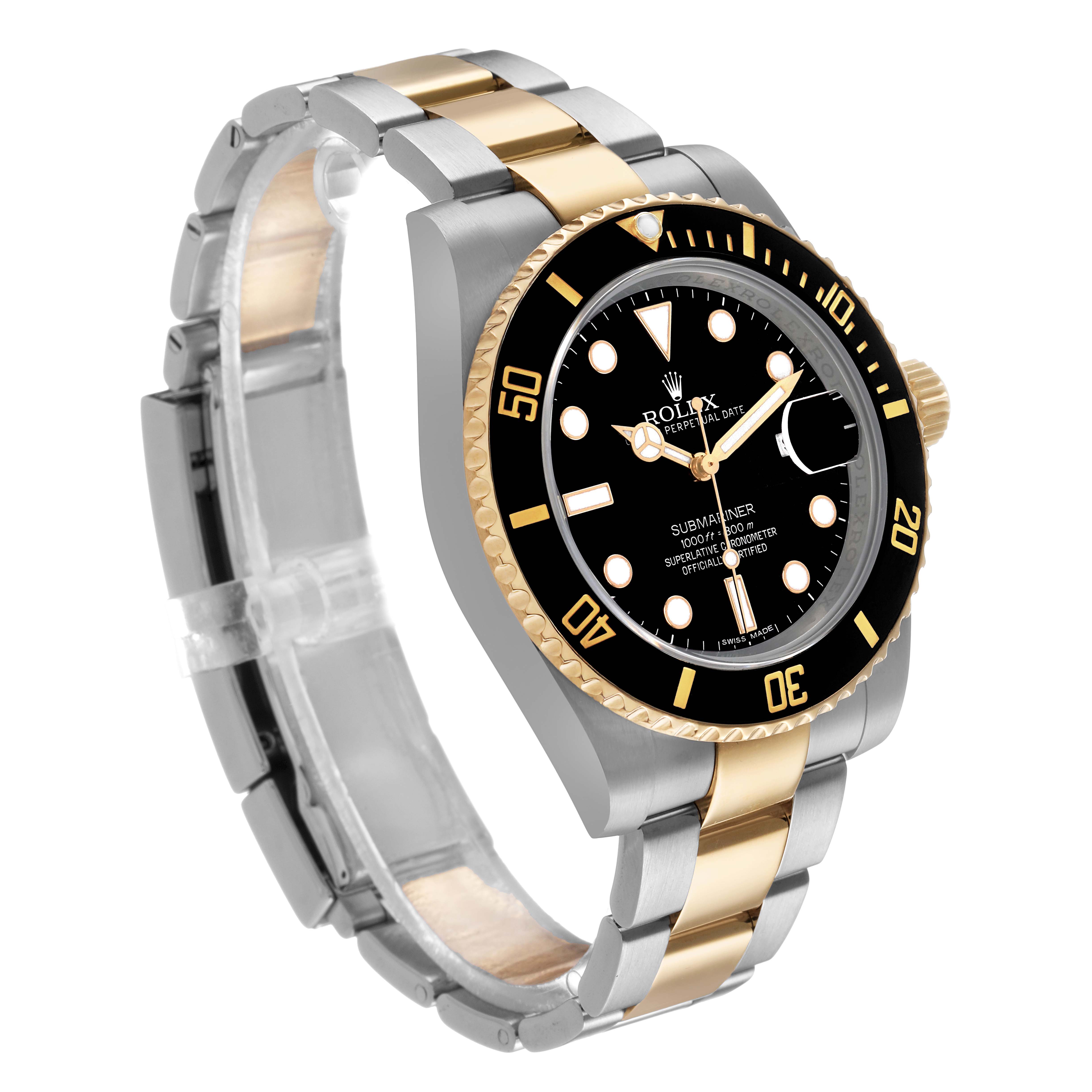 The Rolex Submariner 116613 Men's Stainless Steel Black Dial watch is shown at a three-quarter angle, highlighting the bezel, dial, and two-tone bracelet.