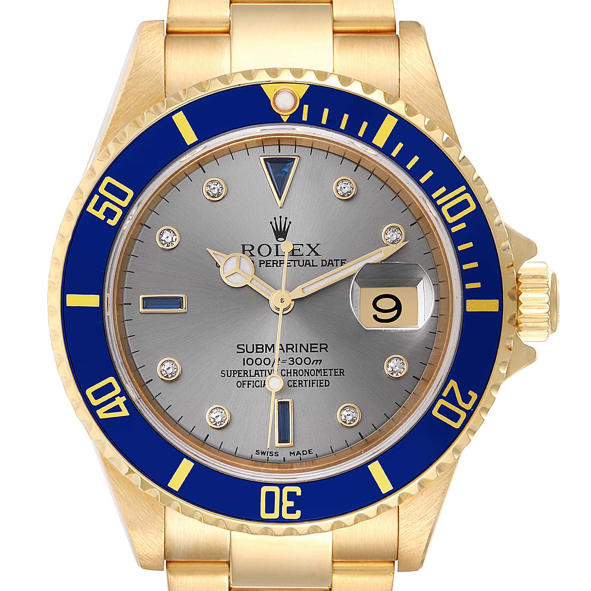 This image is a front view of a Rolex Submariner 16618 Men's Yellow Gold Grey Dial 16618 Men's Yellow Gold Grey Dial watch, showing the face, bezel, and part of the bracelet.