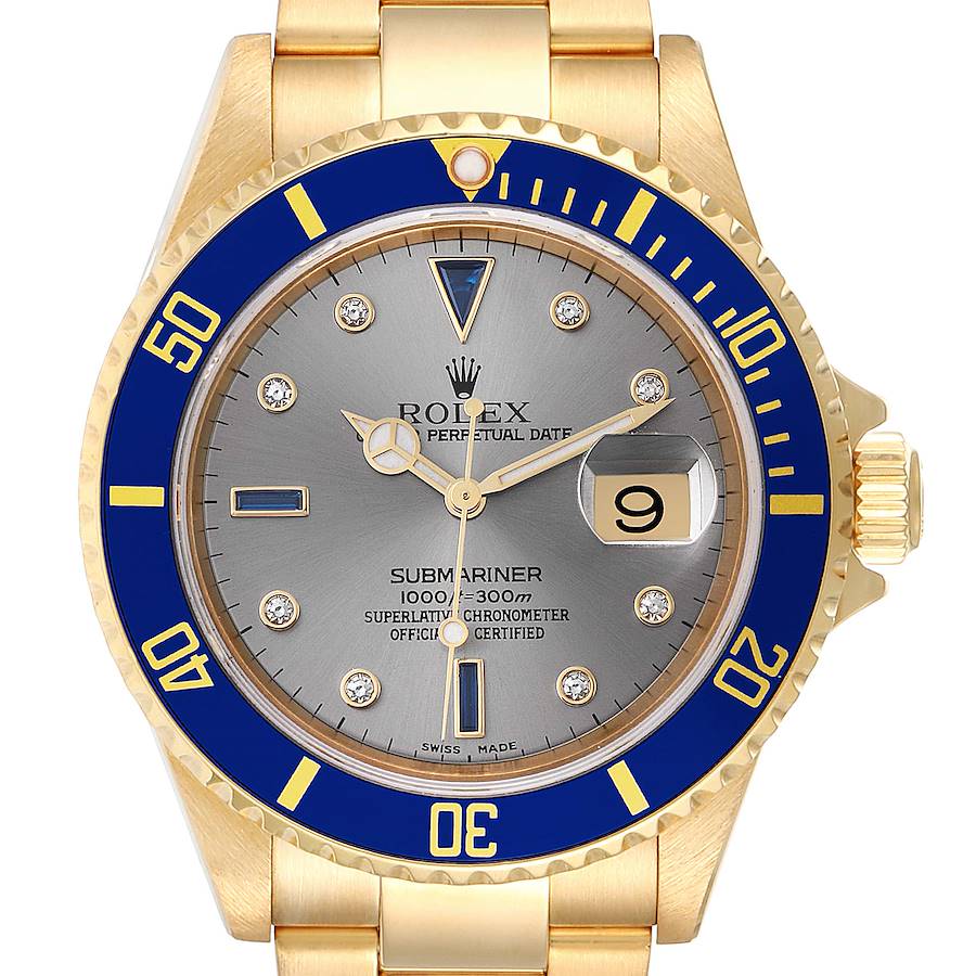 Rolex Submariner Yellow Gold Diamond Sapphire Serti Dial Watch 16618 Box Papers SwissWatchExpo